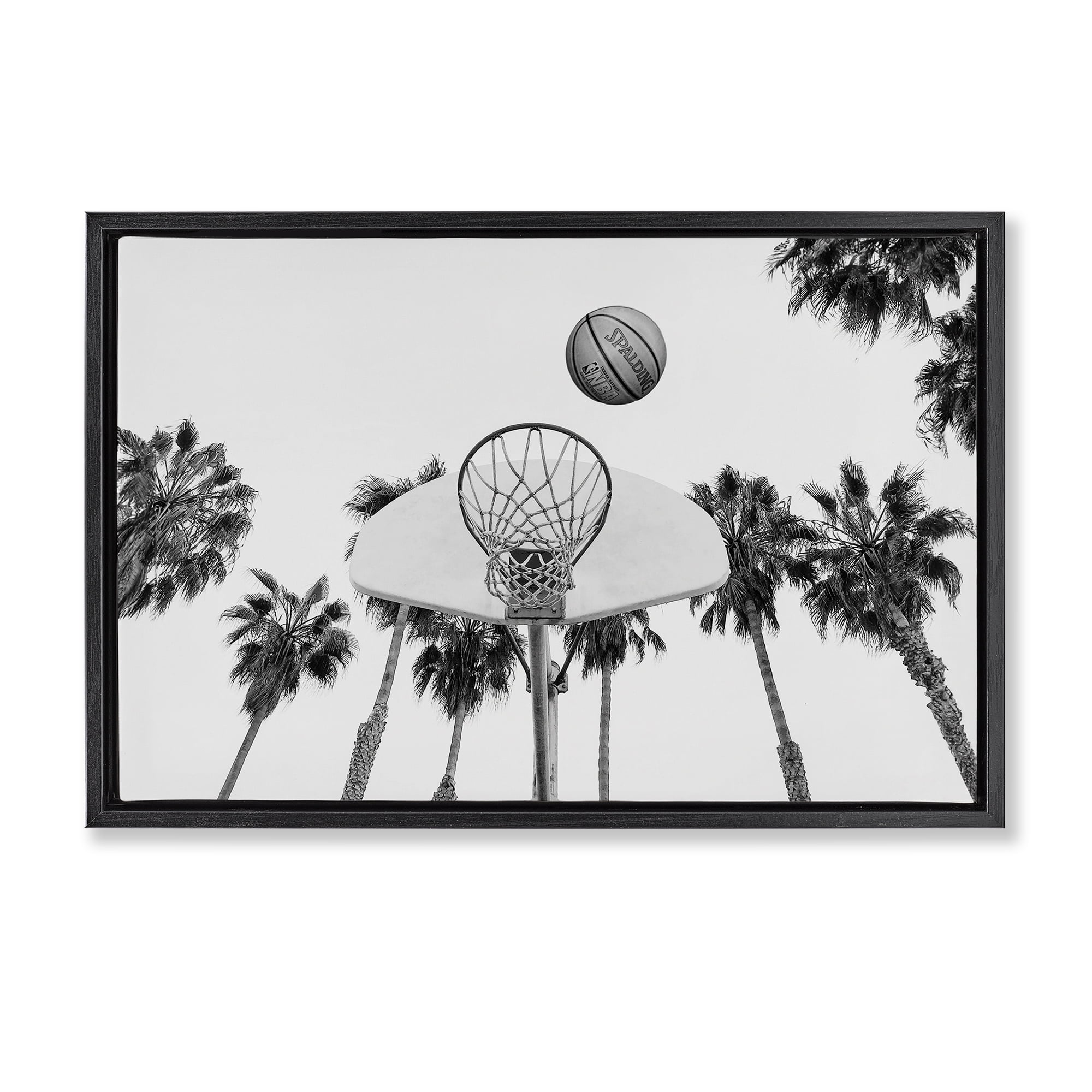 Stupell Industries Basketball Hoop with Palms Sports Painting Black Floater Framed Canvas Art Print Wall Art, 31 x 21