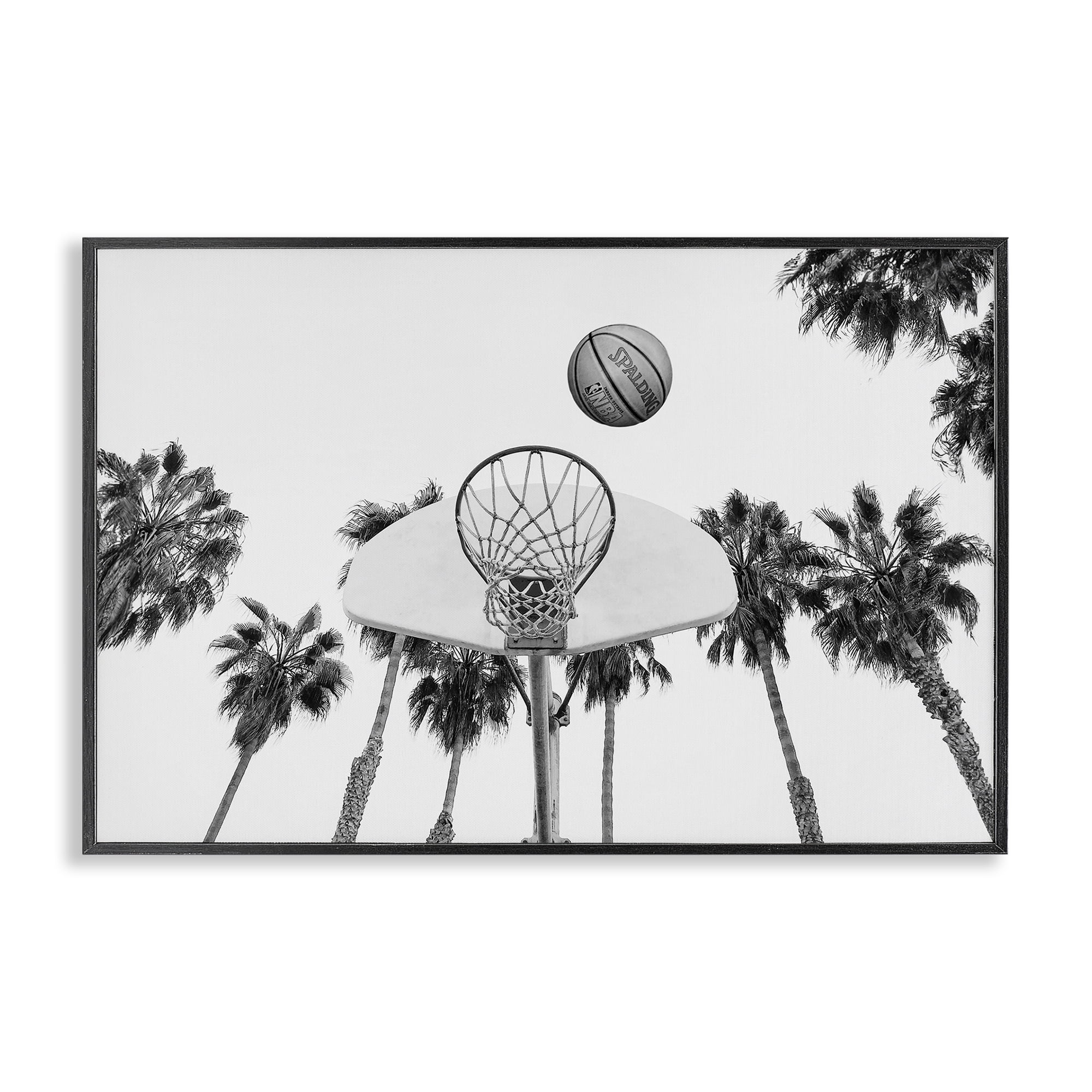 Stupell Industries Basketball Hoop with Palms Sports Painting Black Framed Art Print Wall Art, 30 x 20