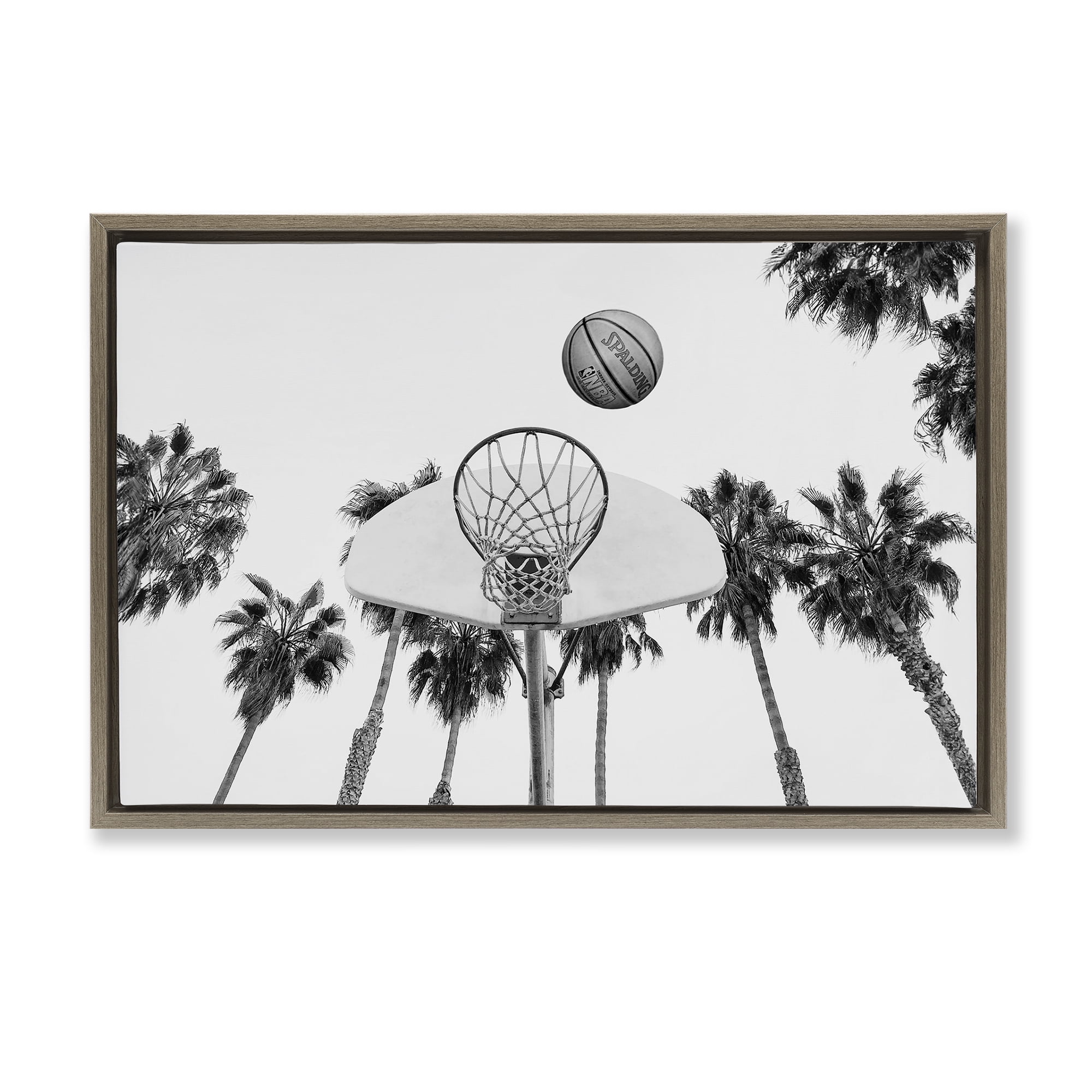 Stupell Industries Basketball Hoop with Palms Sports Painting Brown Floater Framed Canvas Art Print Wall Art, 31 x 21