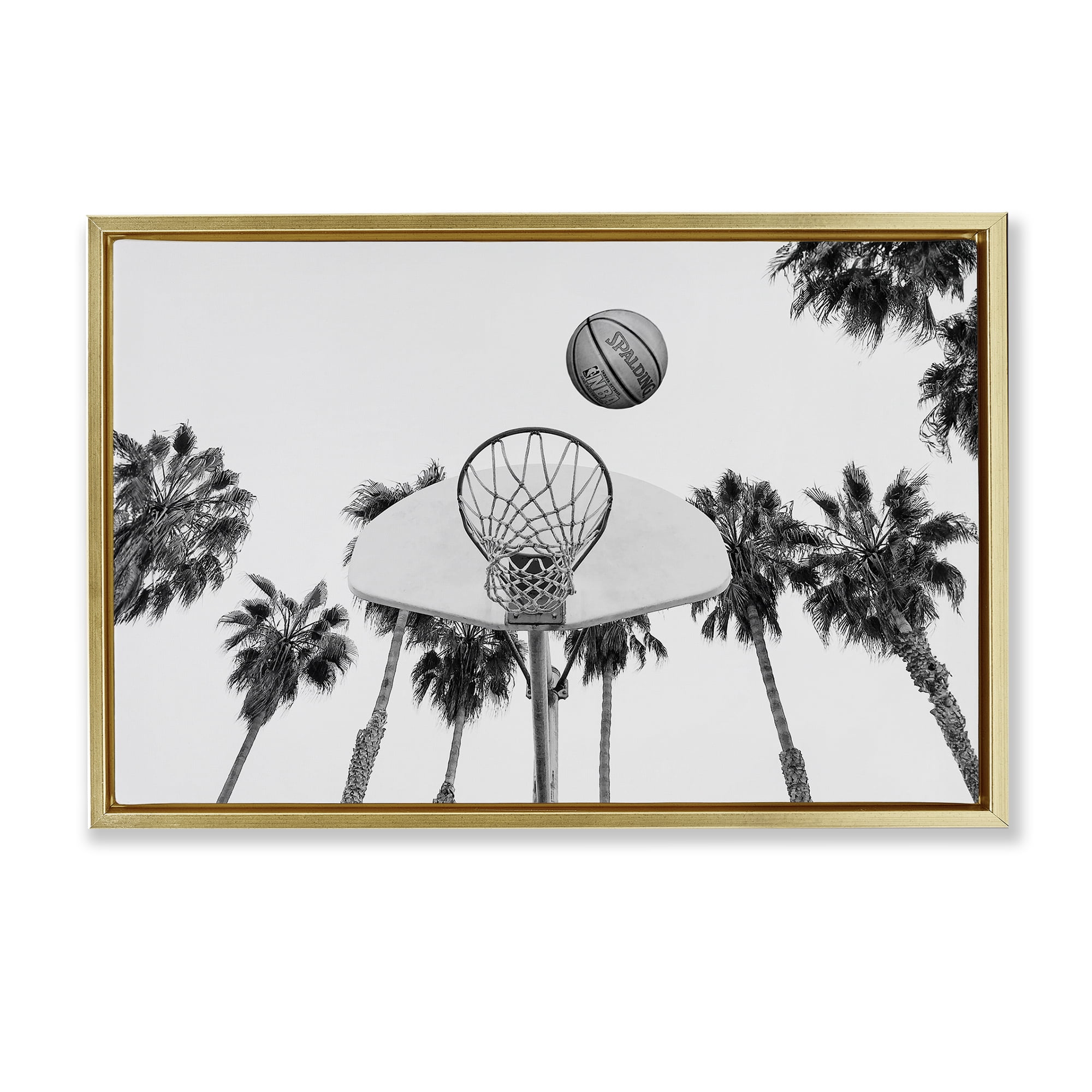 Stupell Industries Basketball Hoop with Palms Sports Painting Gold Floater Framed Canvas Art Print Wall Art, 31 x 21