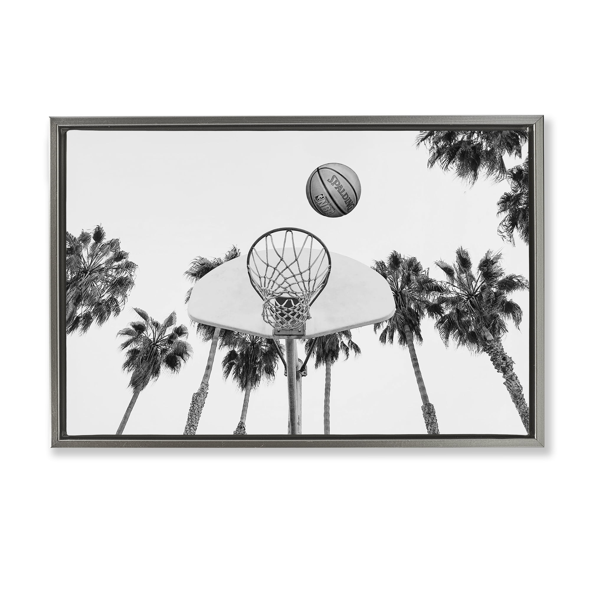 Stupell Industries Basketball Hoop with Palms Sports Painting Gray Floater Framed Canvas Art Print Wall Art, 31 x 21