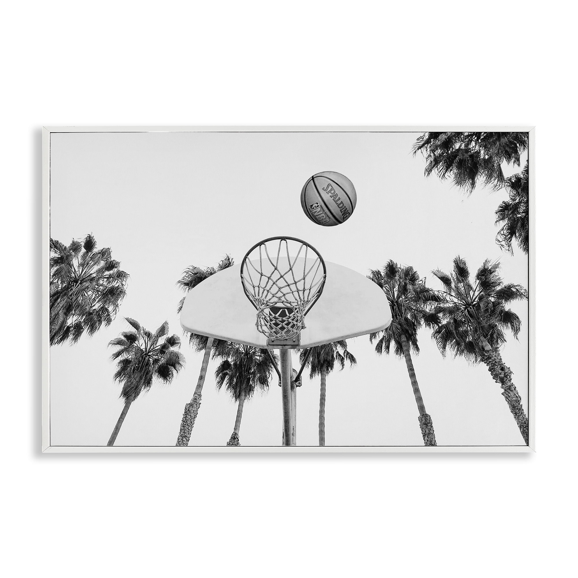 Stupell Industries Basketball Hoop with Palms Sports Painting White Framed Art Print Wall Art, 24 x 16
