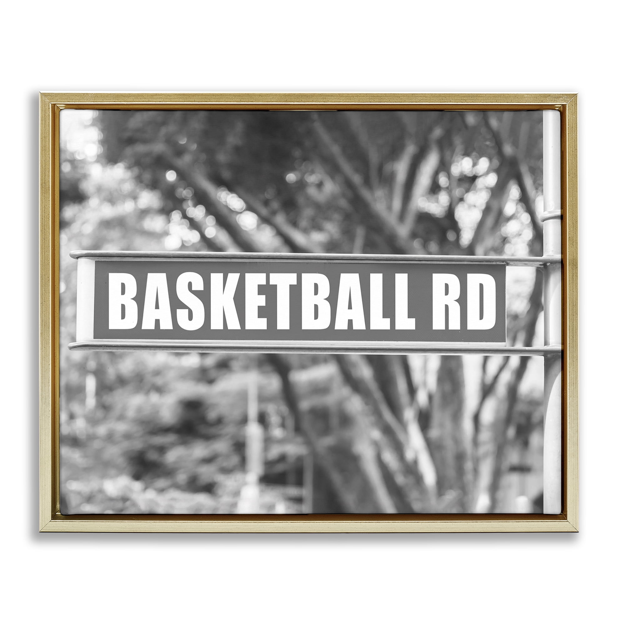 Stupell Industries Basketball Road Sign Sports Photography Gold Floater Framed Canvas Art Print Wall Art, 21 x 17
