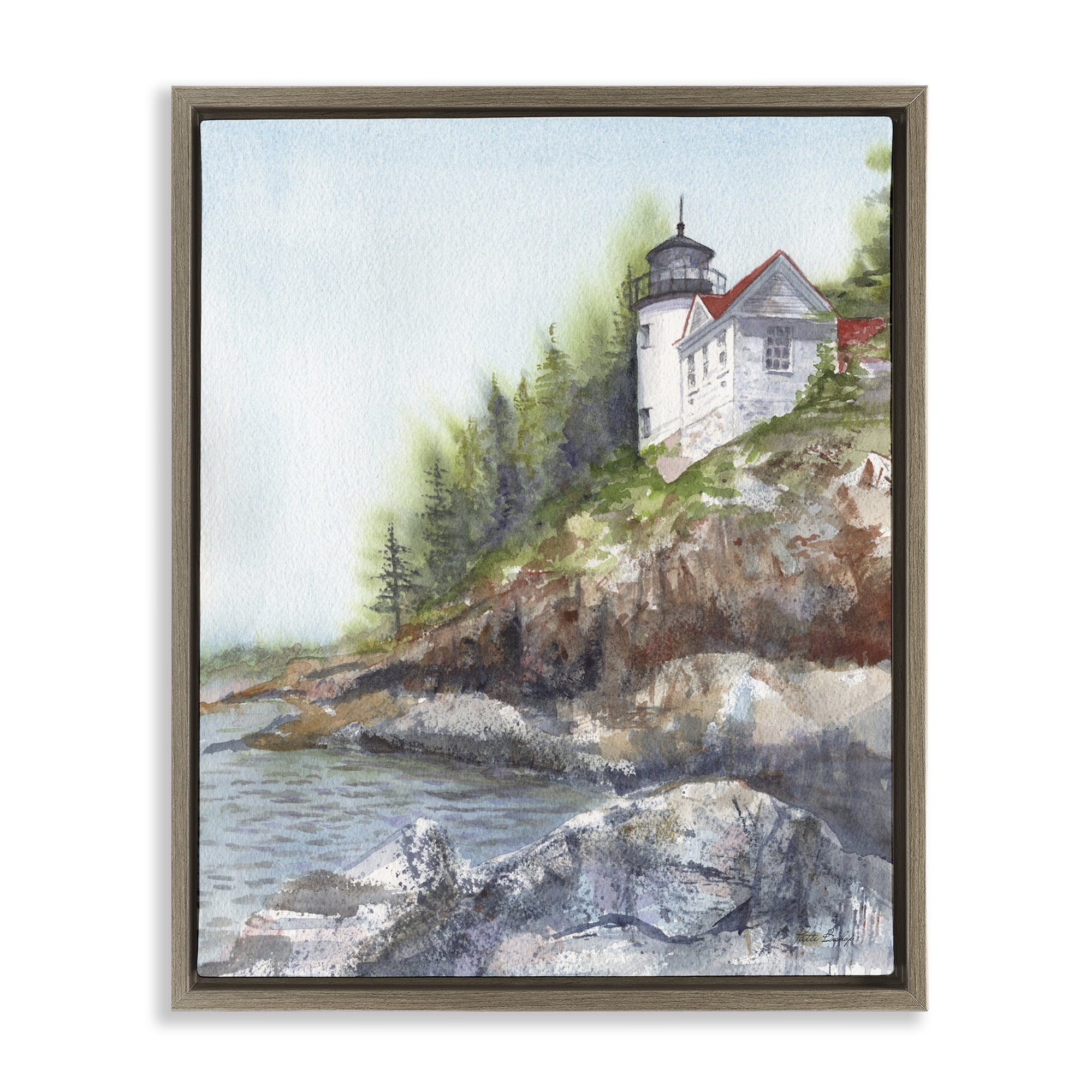Stupell Industries Bass Harbor Lighthouse Brown Framed Floater Canvas Wall Art, design by Patti Bishop
