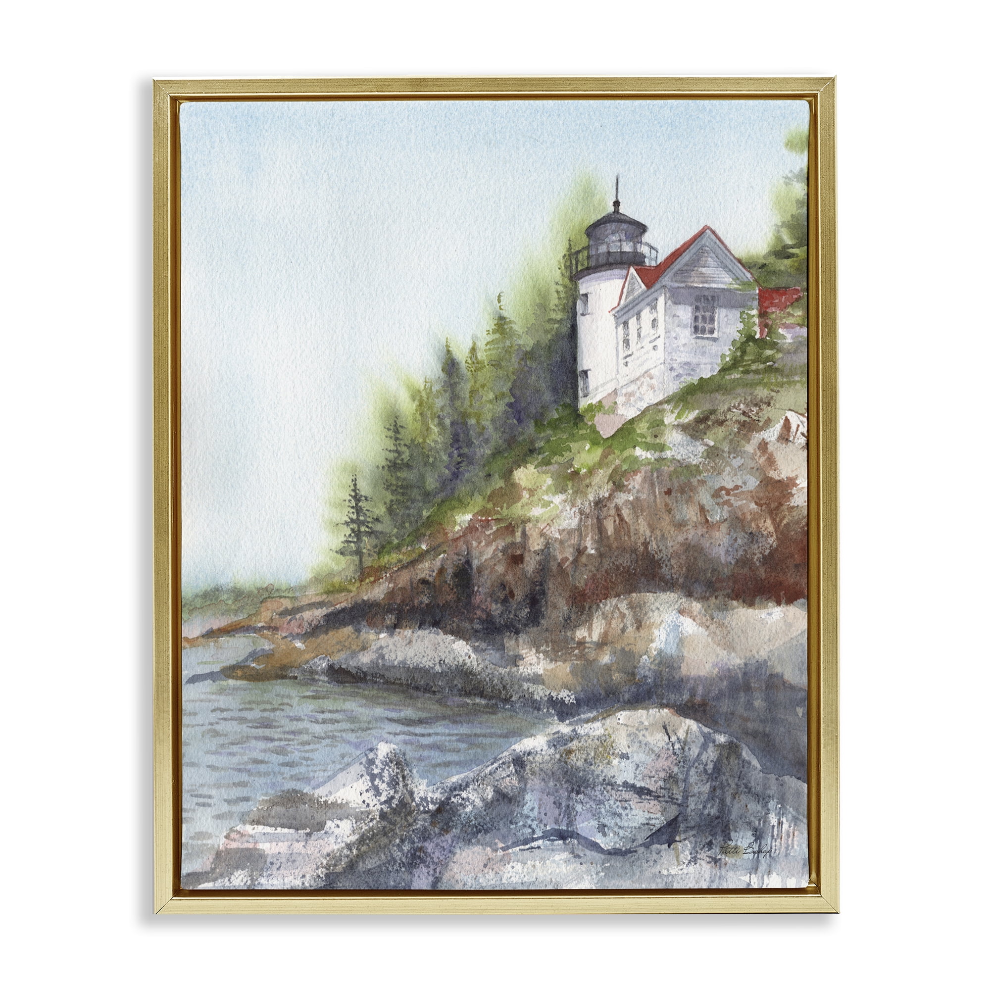 Stupell Industries Bass Harbor Lighthouse Gold Framed Floater Canvas Wall Art, design by Patti Bishop