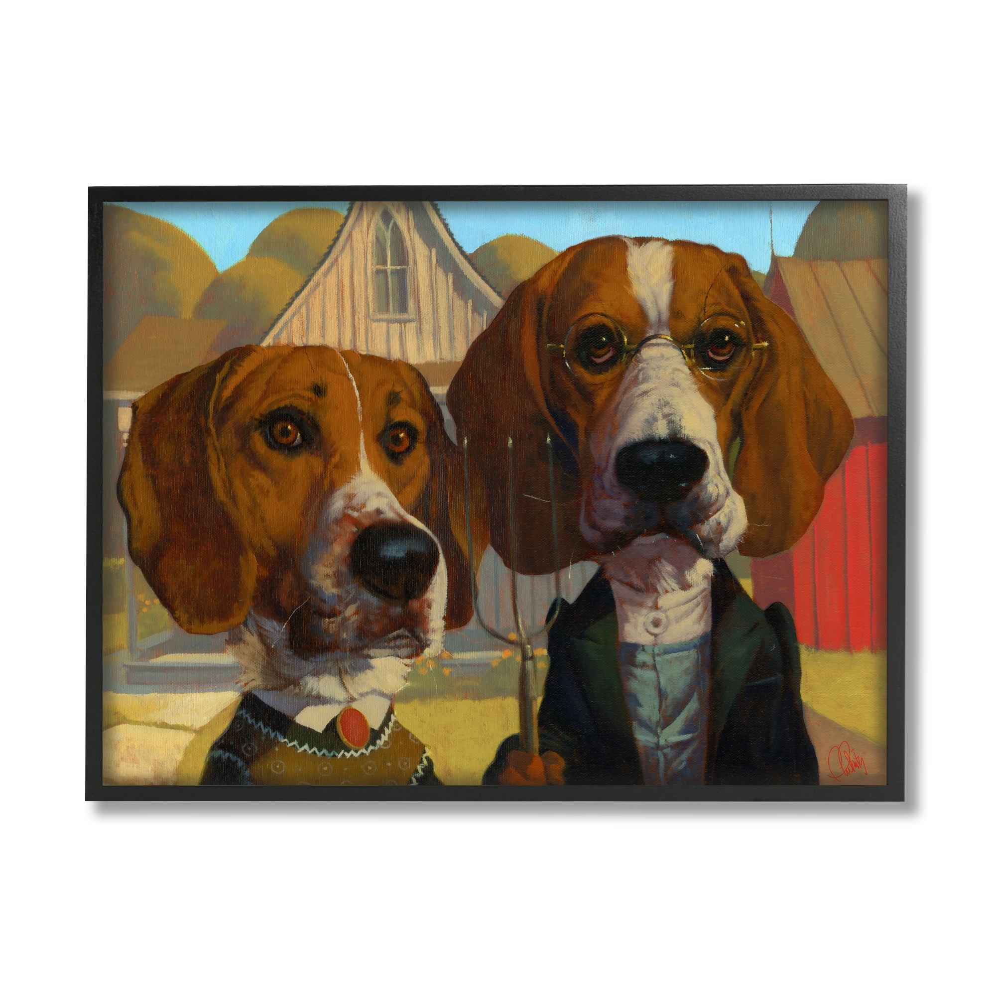 Stupell Industries Basset Hound American Gothic Farm Pet Parody Animals & Insects Painting Black Framed Art Print Wall Art, 11 x 14