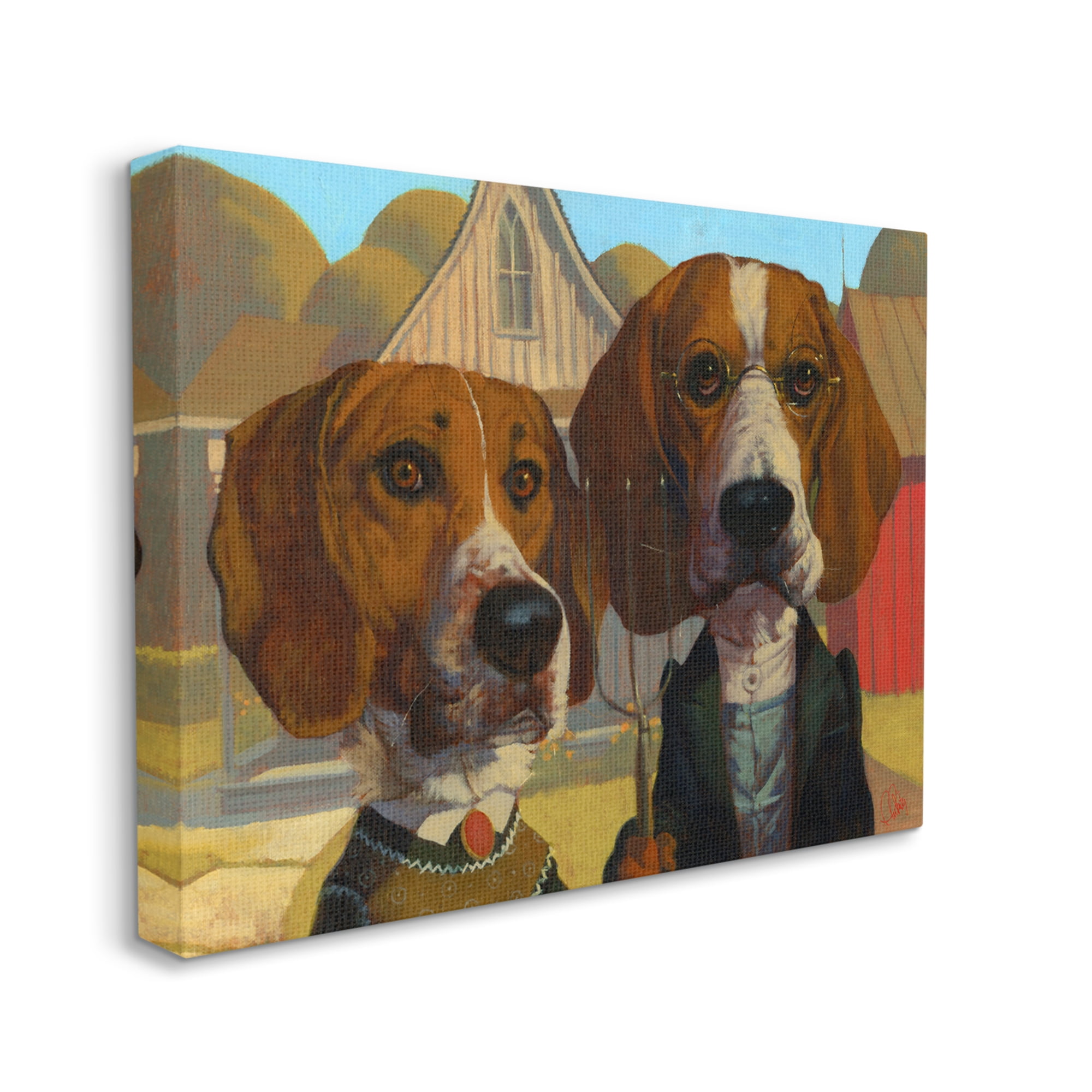 Stupell Industries Basset Hound American Gothic Farm Pet Parody Animals & Insects Painting Gallery Wrapped Canvas Print Wall Art, 36 x 48