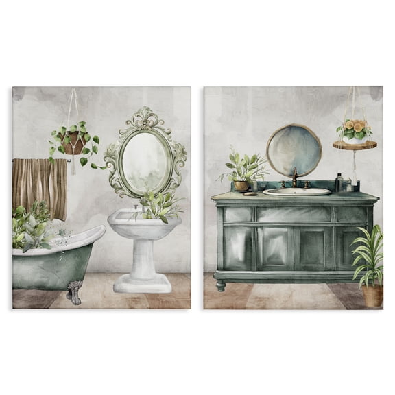 Stupell Industries Bath Greens Botanical Interior 2 Piece Canvas Wall Art Set design by Kim Allen, 20 x 16