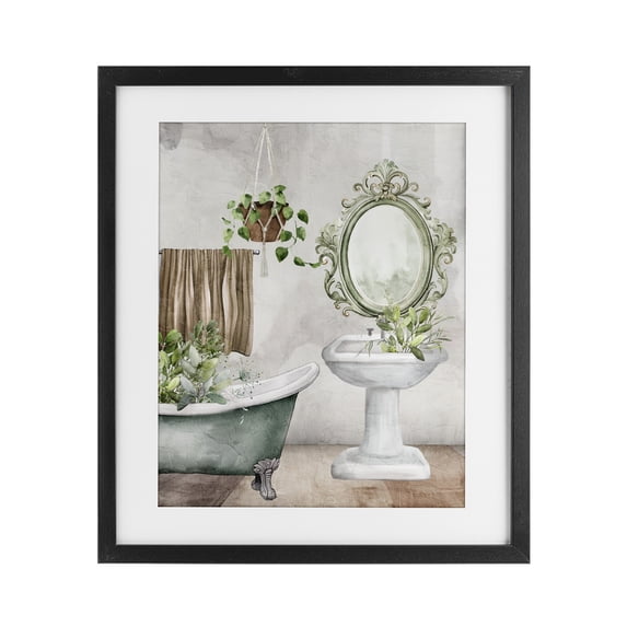 Stupell Industries French Country Bath Greens Botanical Tub Black Framed Print Under Glass, 13 x 16, by Kim Allen