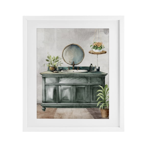 Stupell Industries Bath Greens Botanical Vanity White Framed Print Under Glass design by Kim Allen, 21 x 17