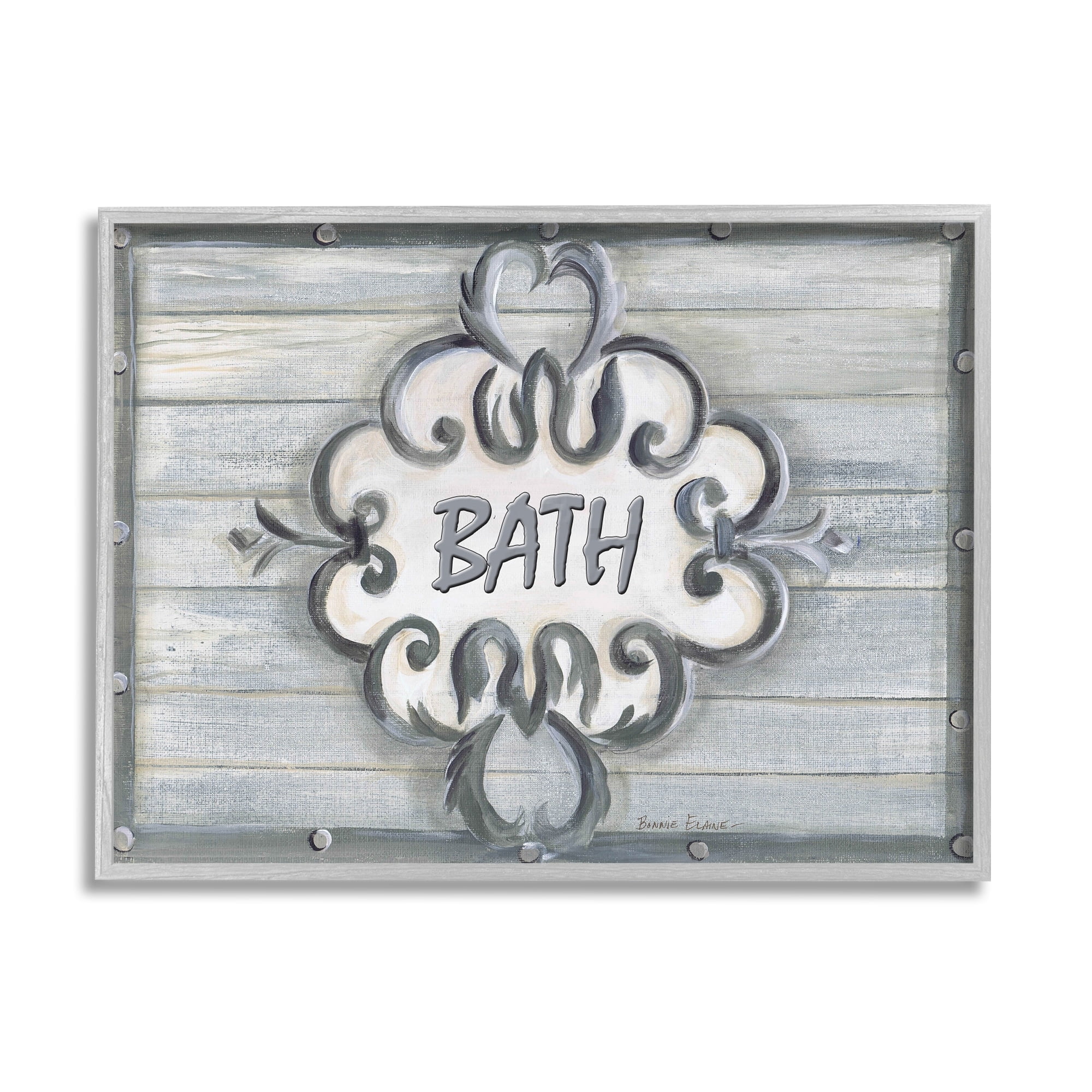 Stupell Industries Bath Grey Bead Board with Scroll Bathroom, 24 x 30,Design by Bonnie Wrublesky