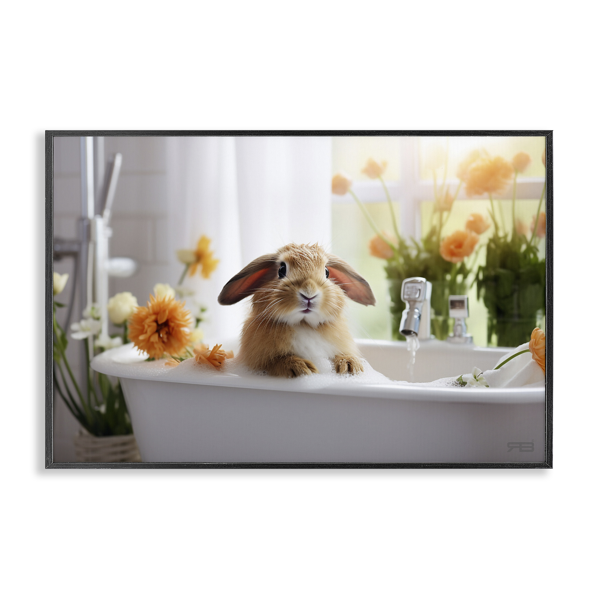 Stupell Industries Bathing Baby Bunny Typography Painting Black Framed Art Print Wall Art, 24 x 16