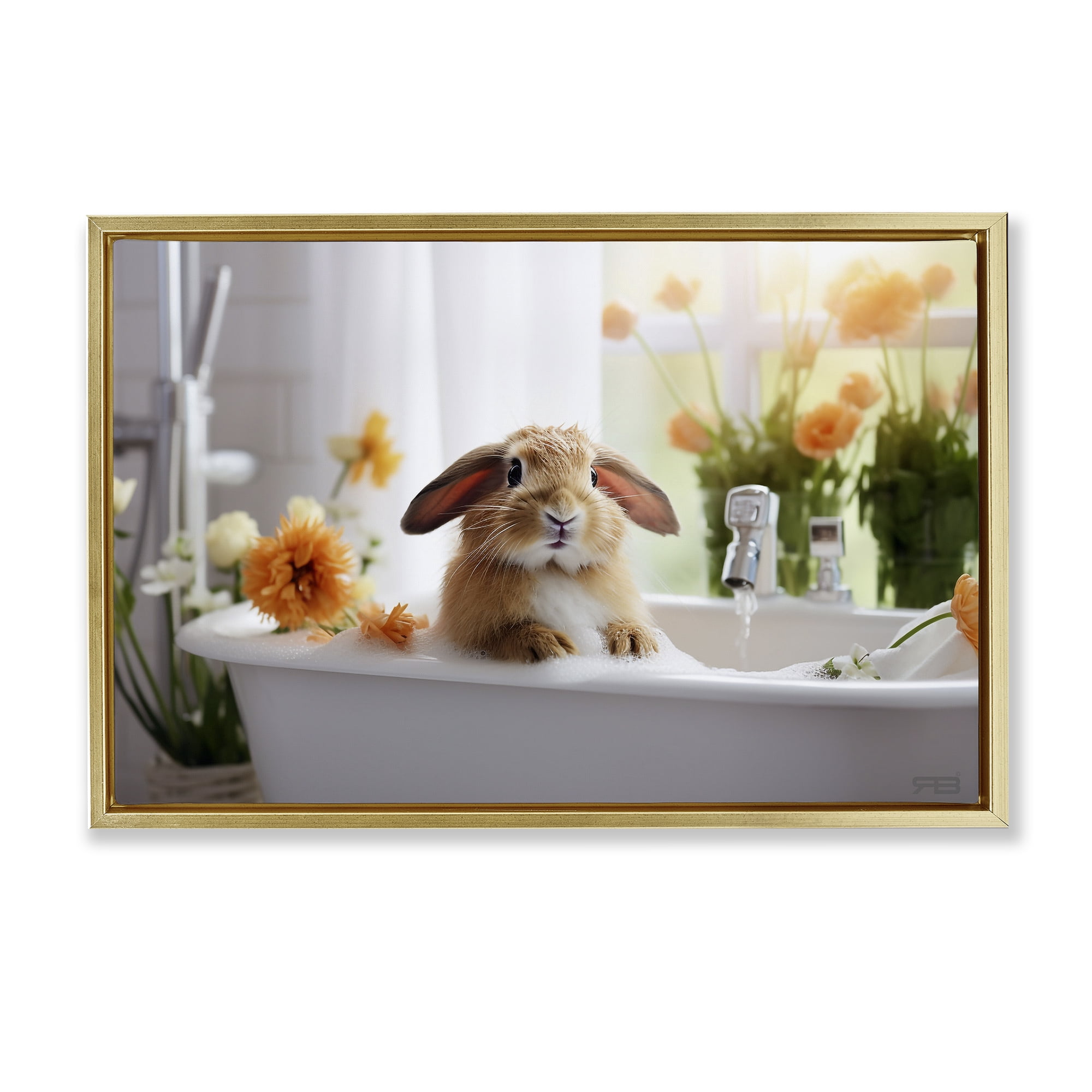 Stupell Industries Bathing Baby Bunny Typography Painting Gold Floater Framed Canvas Art Print Wall Art, 25 x 17