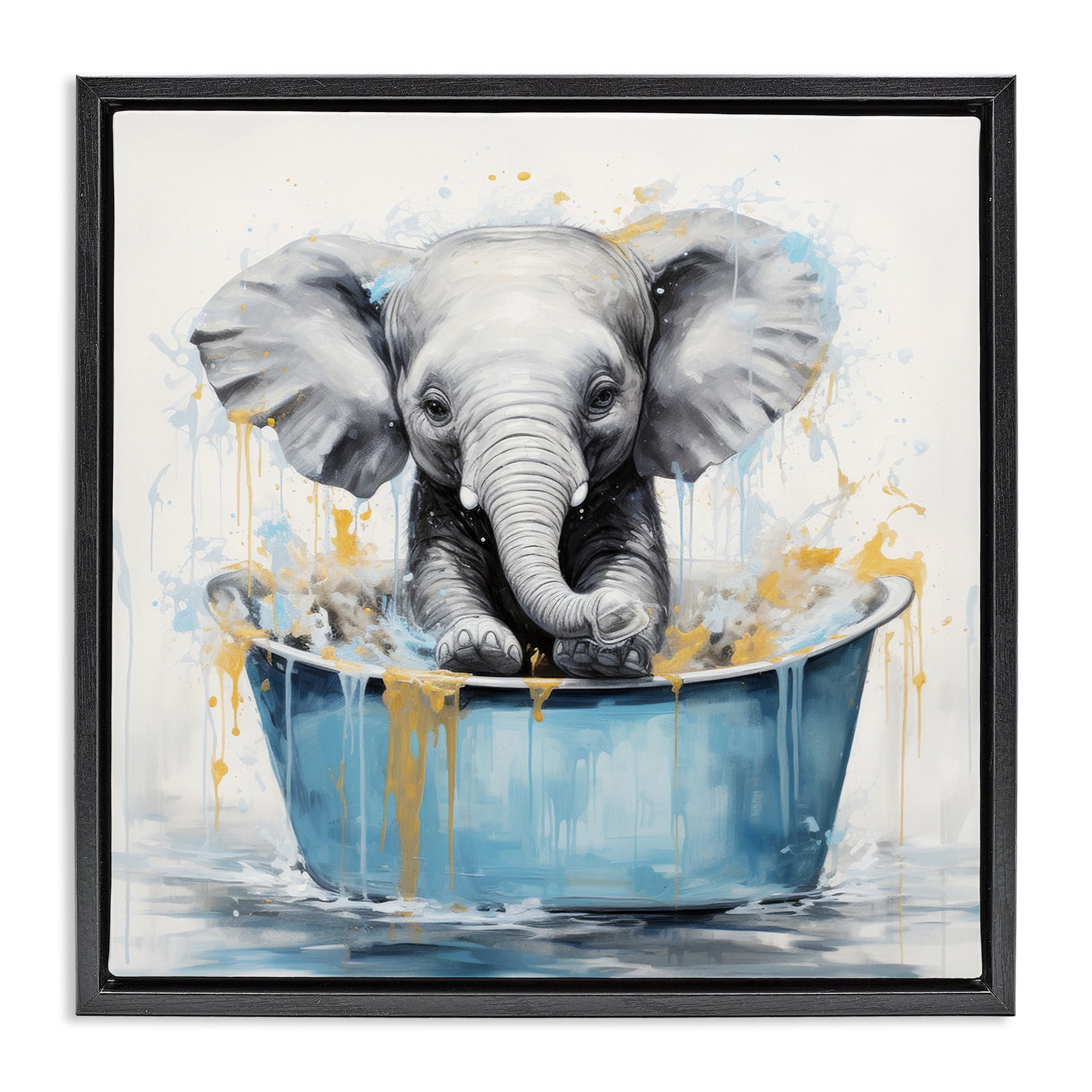 Stupell Industries Bathing Baby Elephant Typography Painting Black Floater Framed Canvas Art Print Wall Art, 18 x 18