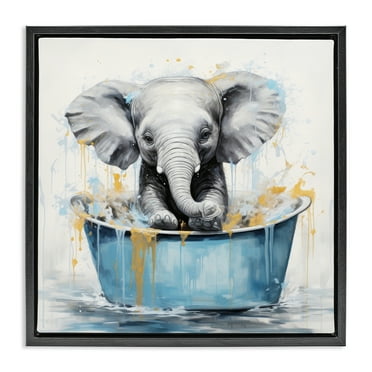 Stupell Industries Bathing Baby Elephant Typography Painting Black Floater Framed Canvas Art Print Wall Art, 18 x 18