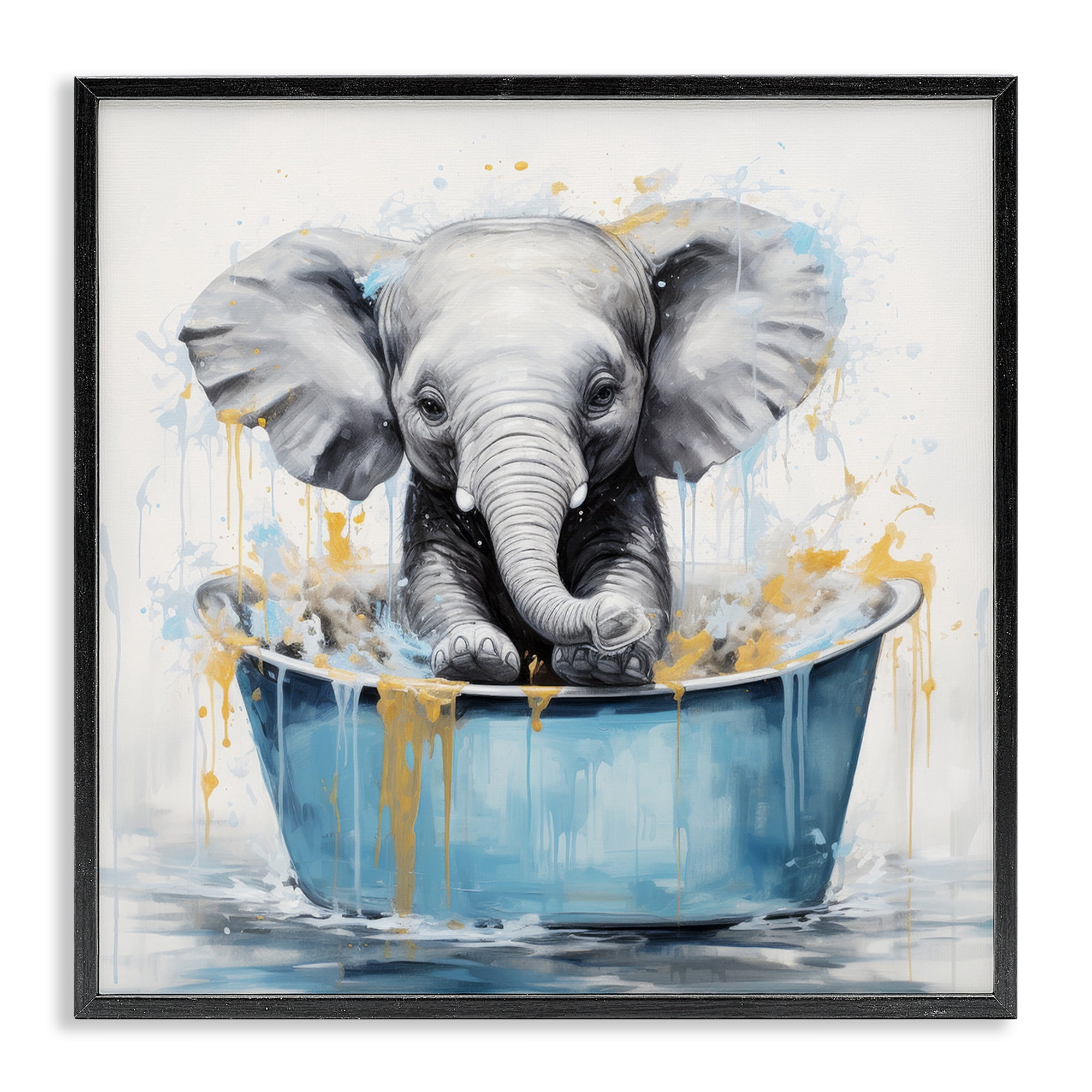 Stupell Industries Bathing Baby Elephant Typography Painting Black Framed Art Print Wall Art, 24 x 24