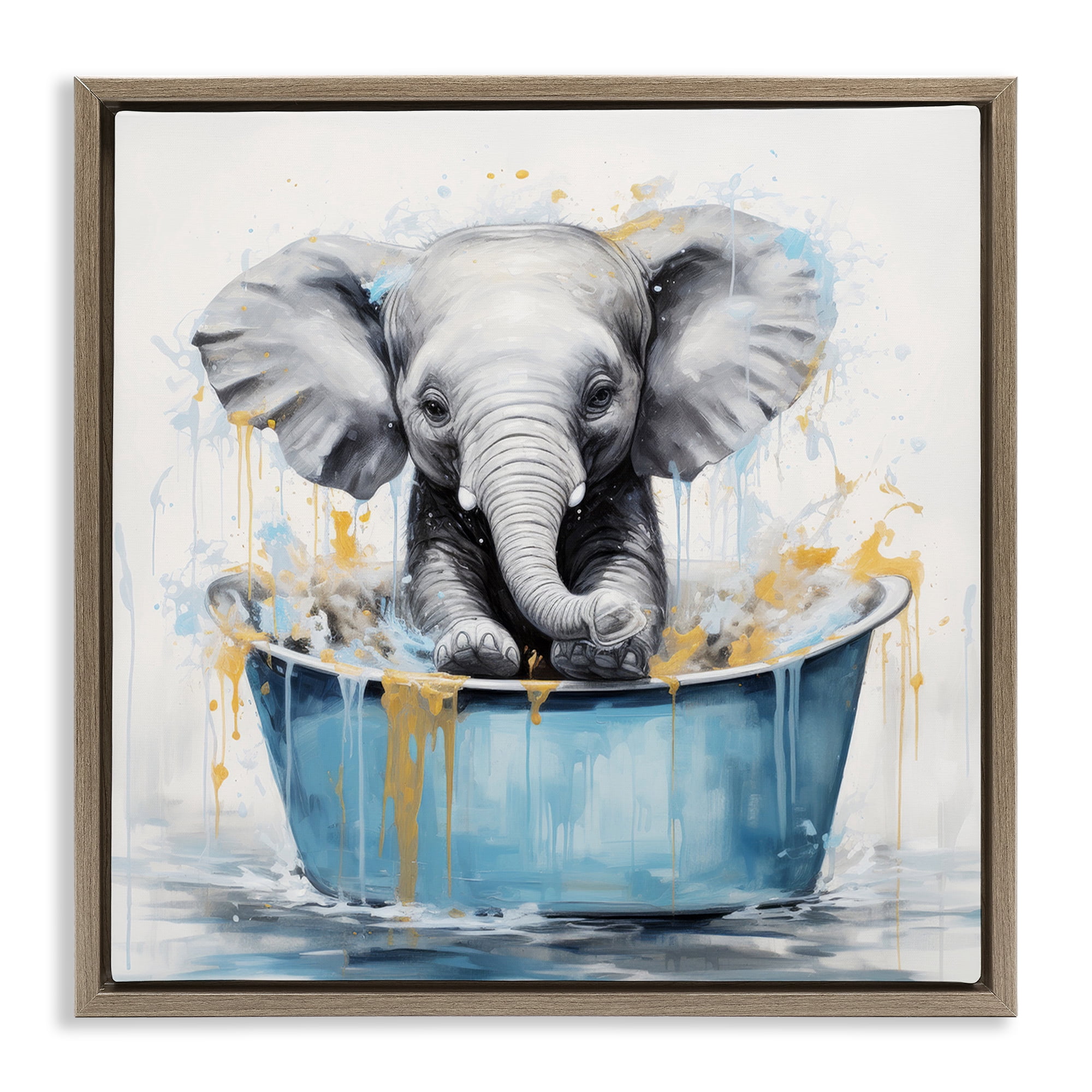 Stupell Industries Bathing Baby Elephant Typography Painting Brown Floater Framed Canvas Art Print Wall Art, 18 x 18