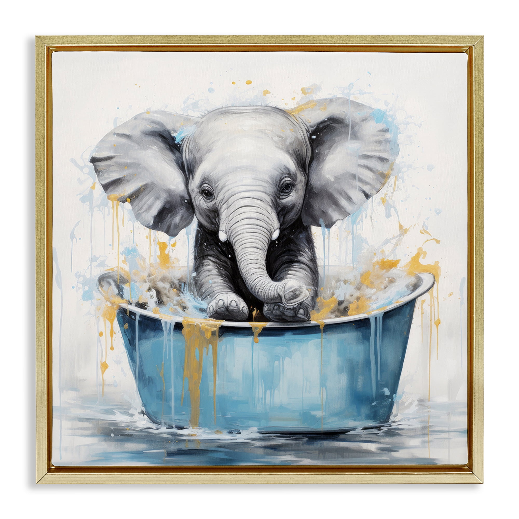 Stupell Industries Bathing Baby Elephant Typography Painting Gold Floater Framed Canvas Art Print Wall Art, 25 x 25