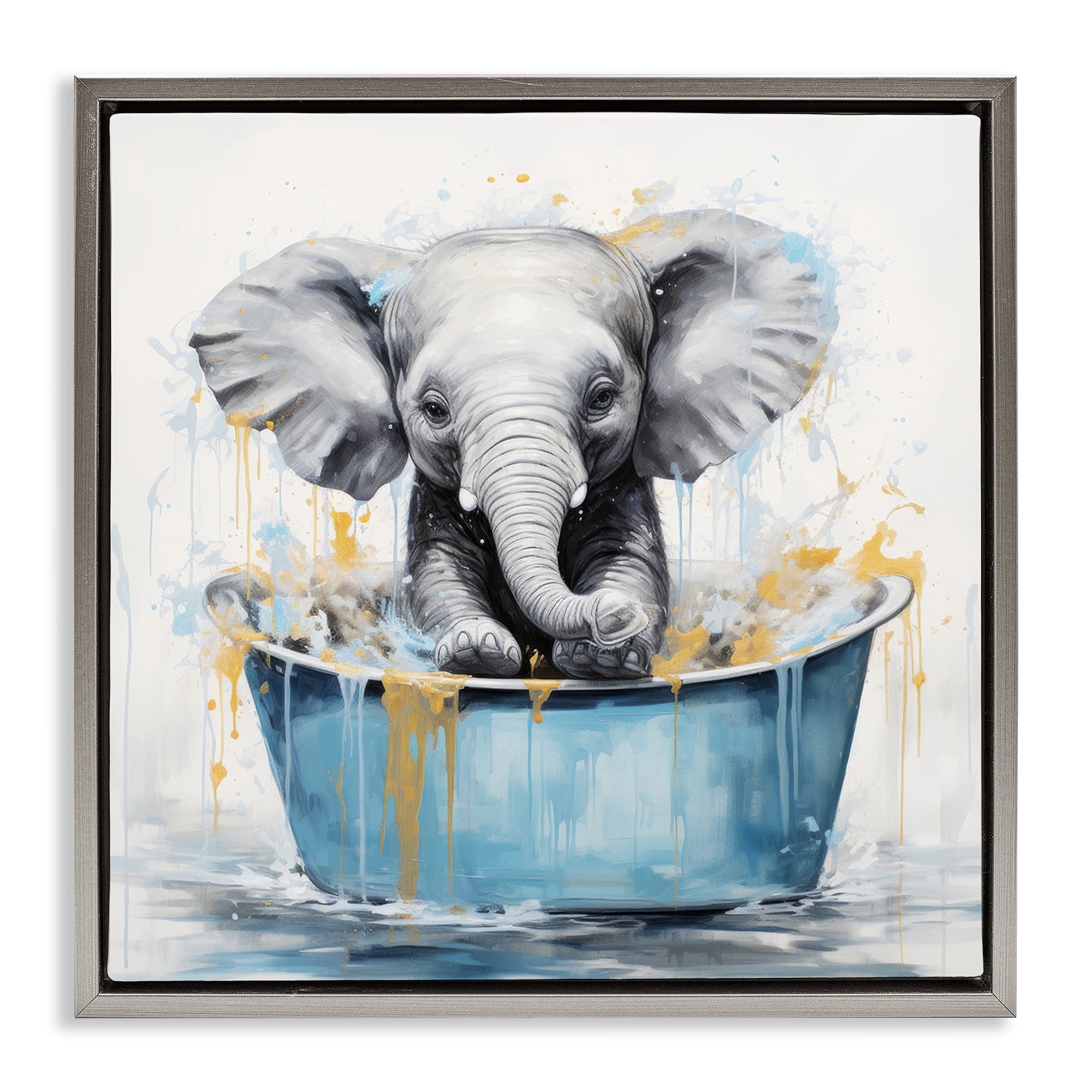 Stupell Industries Bathing Baby Elephant Typography Painting Gray Floater Framed Canvas Art Print Wall Art, 18 x 18