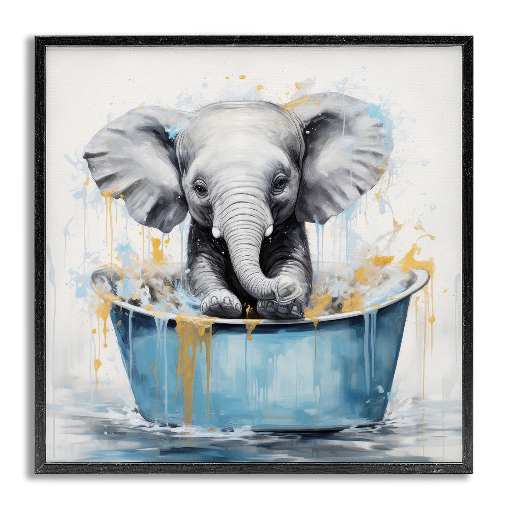 Stupell Industries Bathing Baby Elephant Typography Painting Gray Framed Art Print Wall Art, 17 x 17