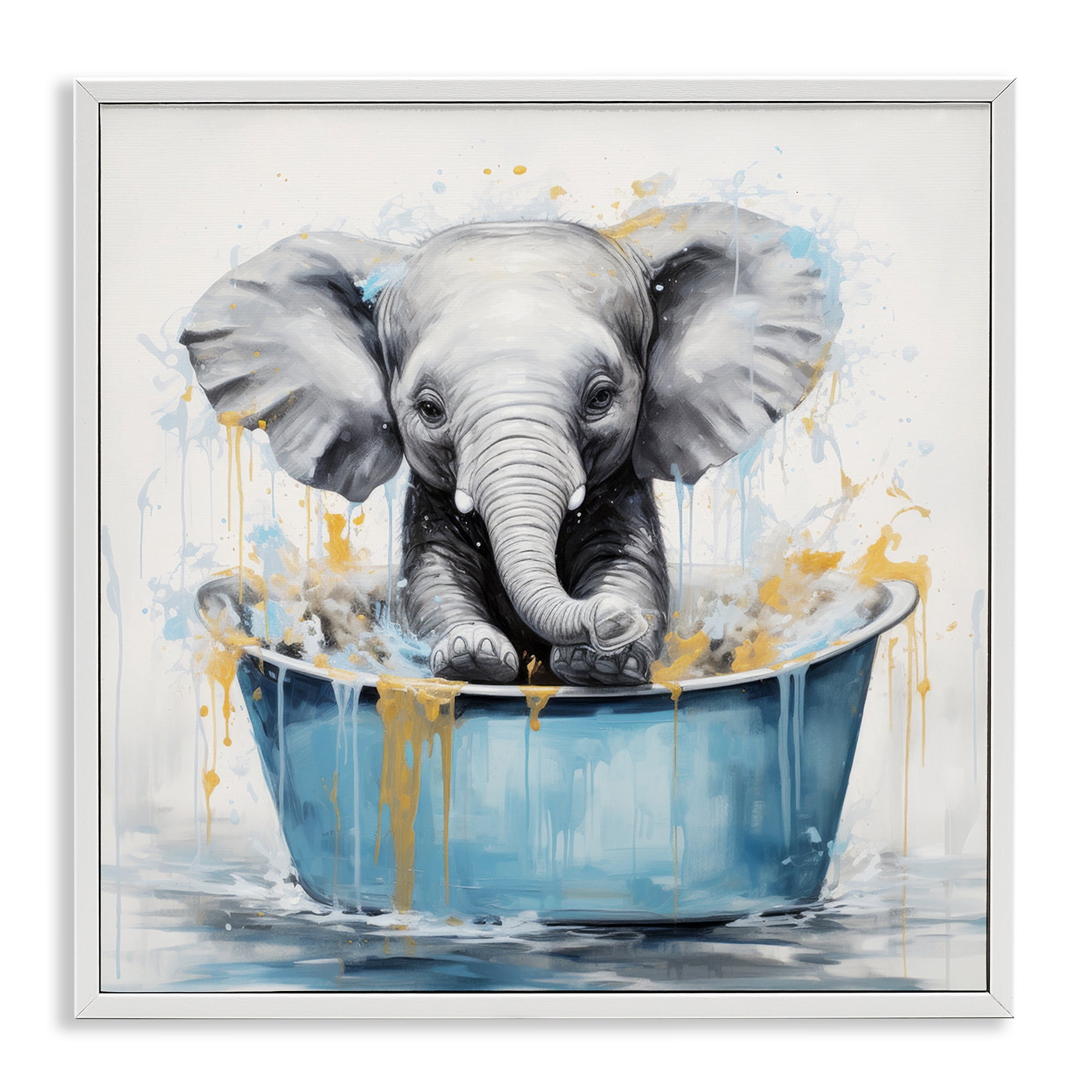 Stupell Industries Bathing Baby Elephant Typography Painting White Framed Art Print Wall Art, 17 x 17