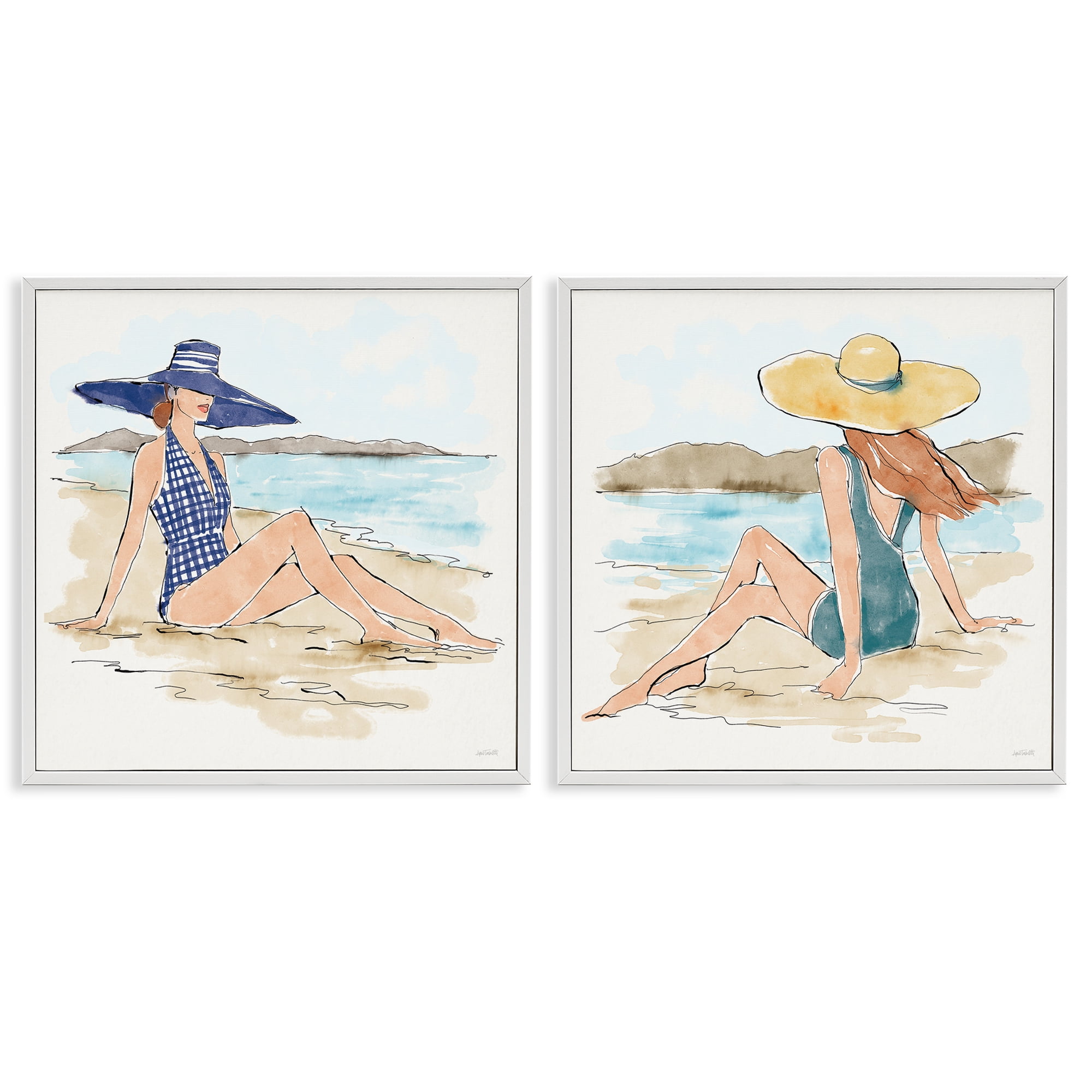 Stupell Industries Bathing Beauties on Beach People Painting White Framed Art Print Wall Art, 24 x 24, Set of 2