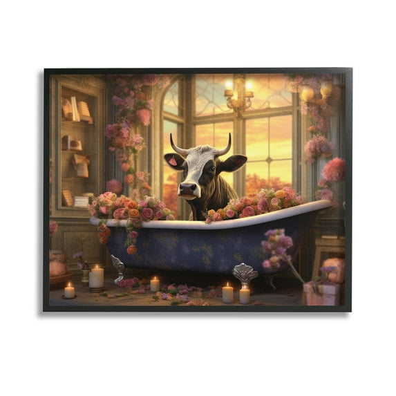 Stupell Industries Bathing Cow at Sunset Animals & Insects Painting Black Framed Art Print Wall Art, 14 x 11