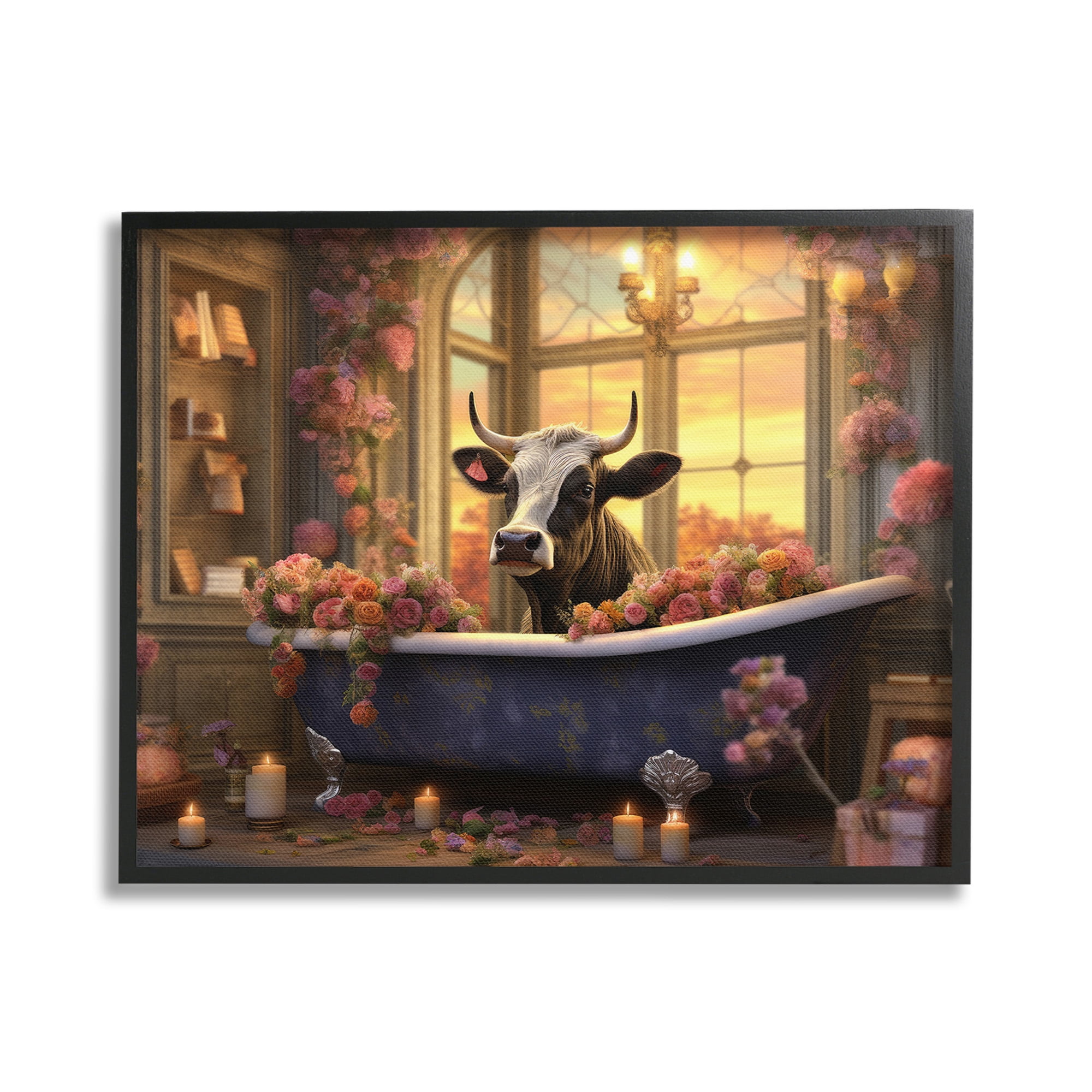 Stupell Industries Bathing Cow at Sunset Animals & Insects Painting Black Framed Art Print Wall Art, 30 x 24