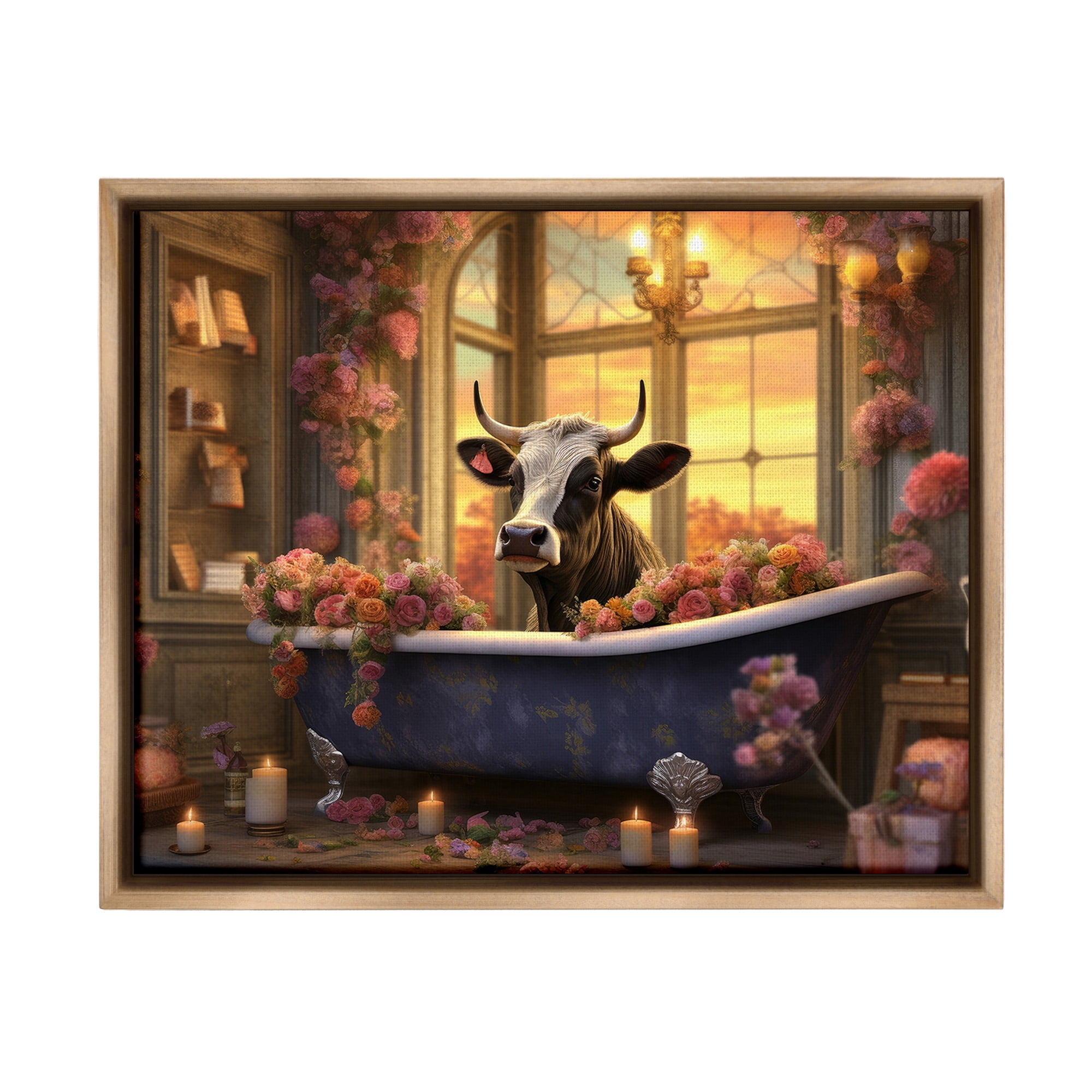 Stupell Industries Bathing Cow at Sunset Animals & Insects Painting Brown Floater Framed Canvas Art Print Wall Art, 21 x 17