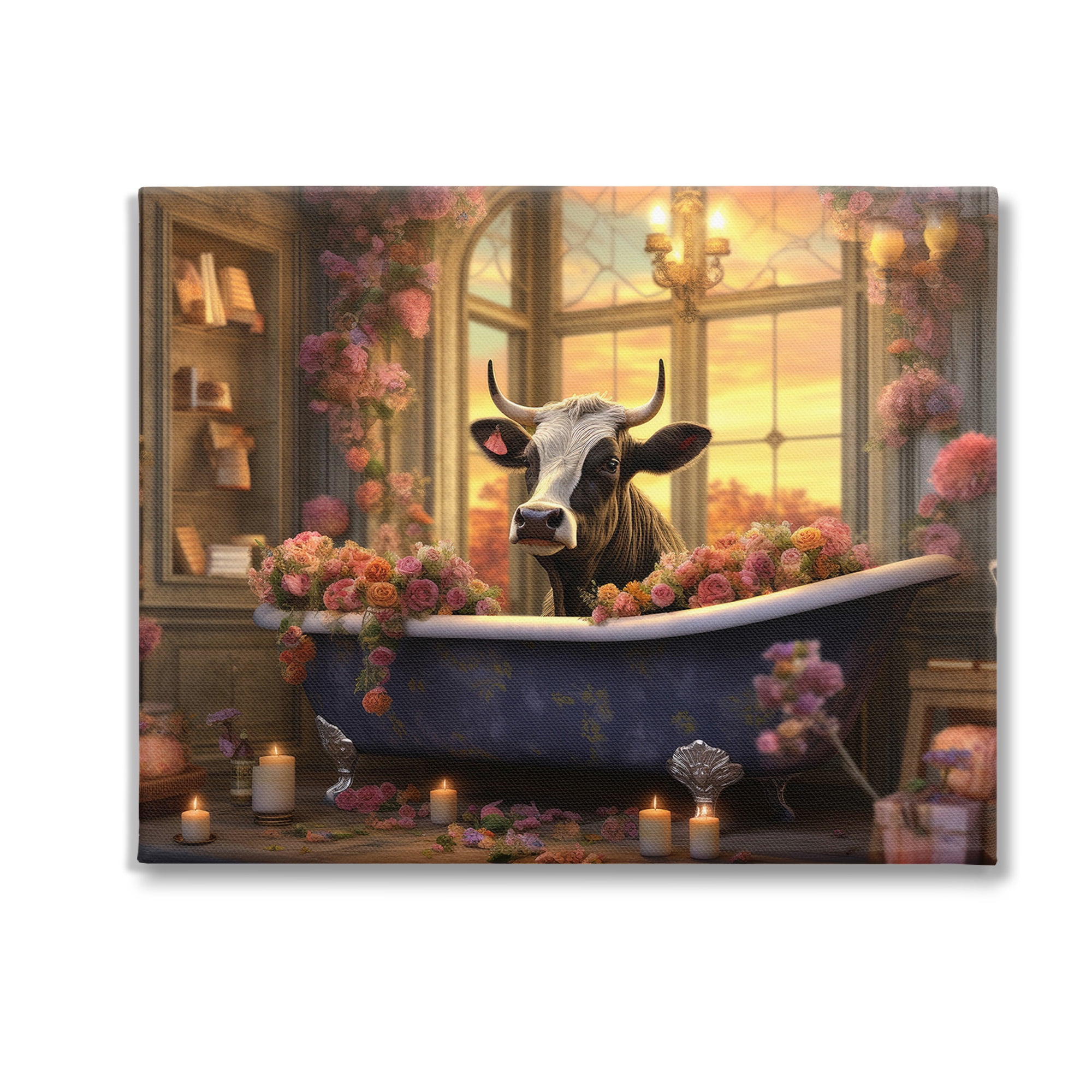 Sunset Bathing Cow Canvas Art with Floral Accents, 20 x 16