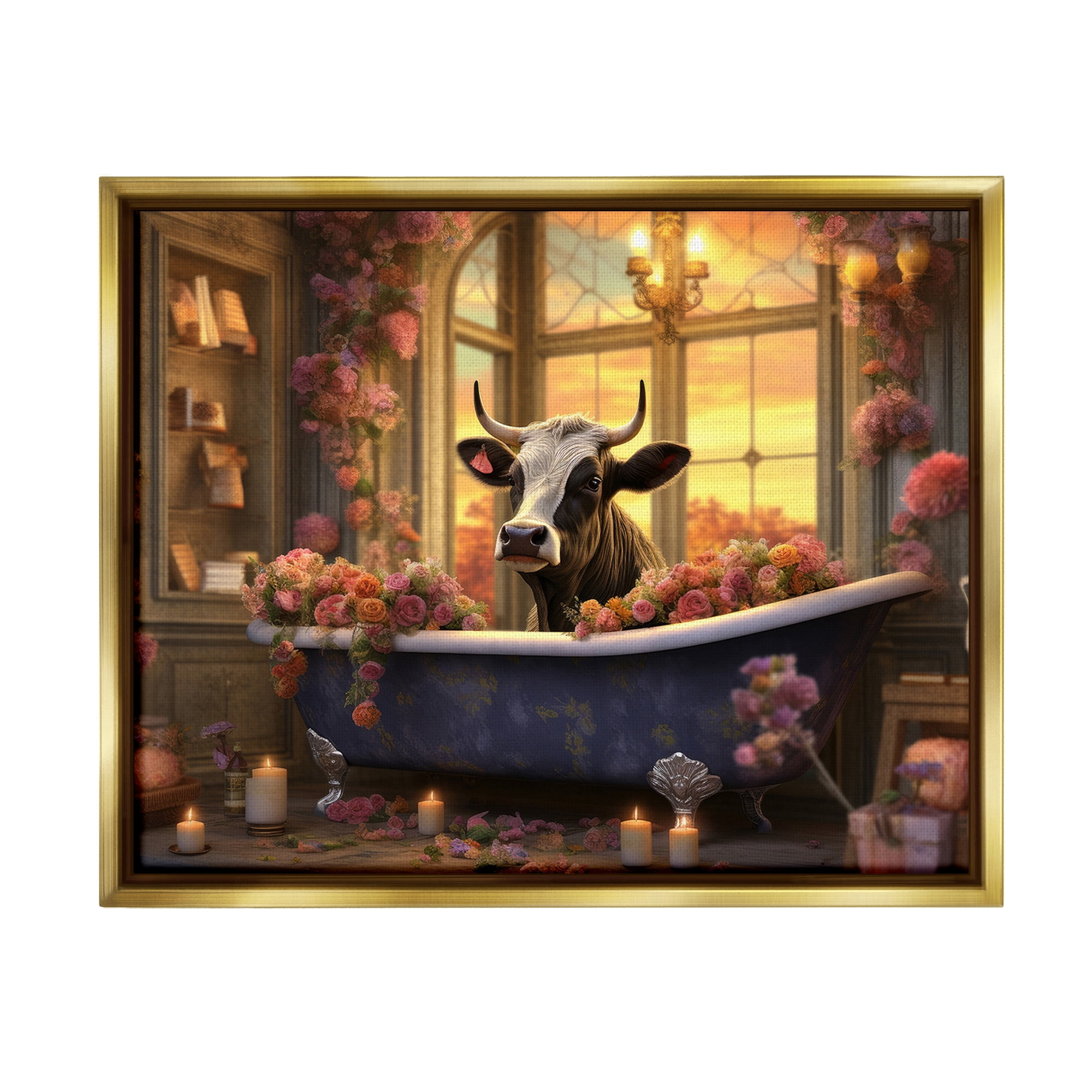 Stupell Industries Bathing Cow at Sunset Animals & Insects Painting Gold Floater Framed Canvas Art Print Wall Art, 31 x 25