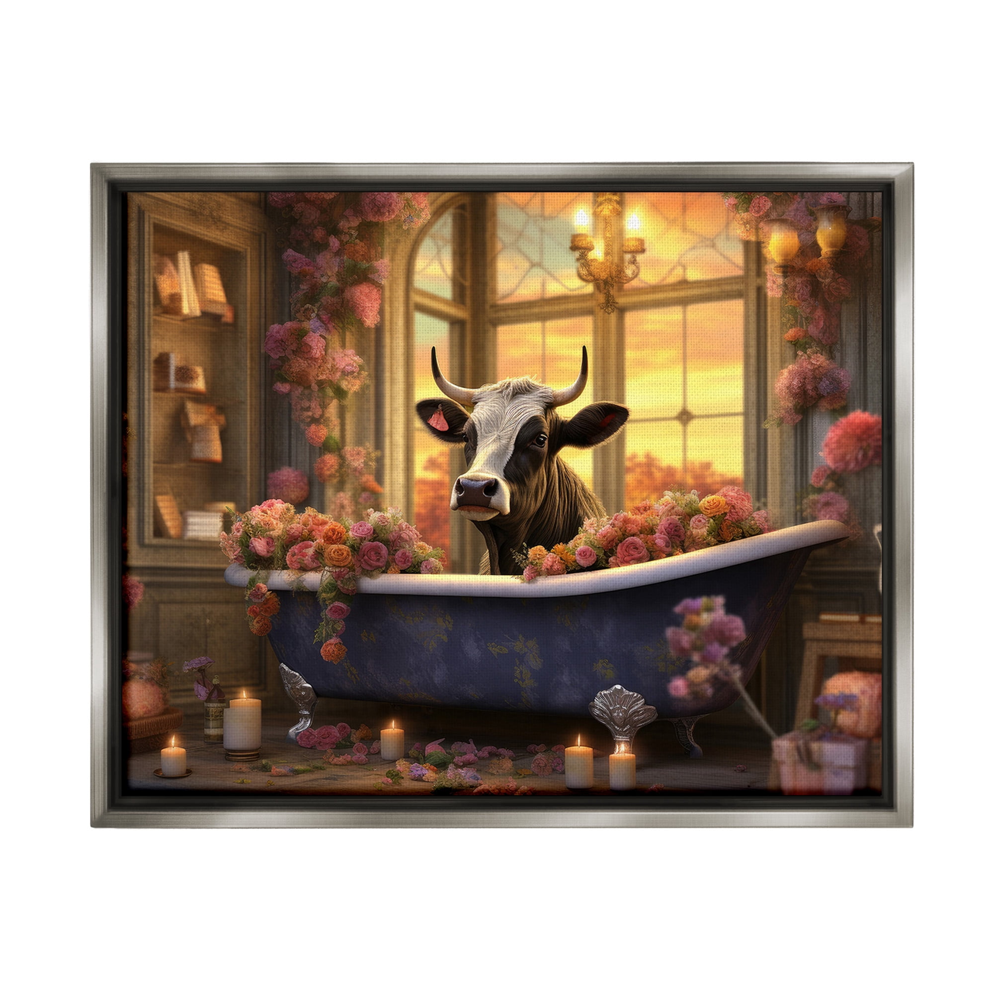 Stupell Industries Bathing Cow at Sunset Animals & Insects Painting Gray Floater Framed Canvas Art Print Wall Art, 21 x 17
