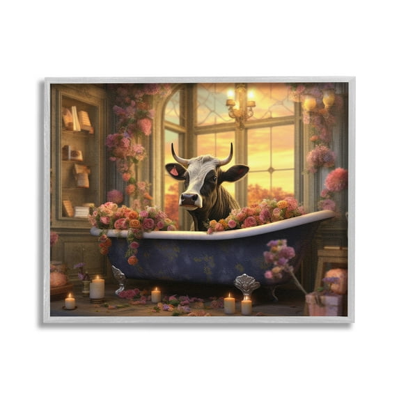 Stupell Industries Bathing Cow at Sunset Animals & Insects Painting Gray Framed Art Print Wall Art, 20 x 16