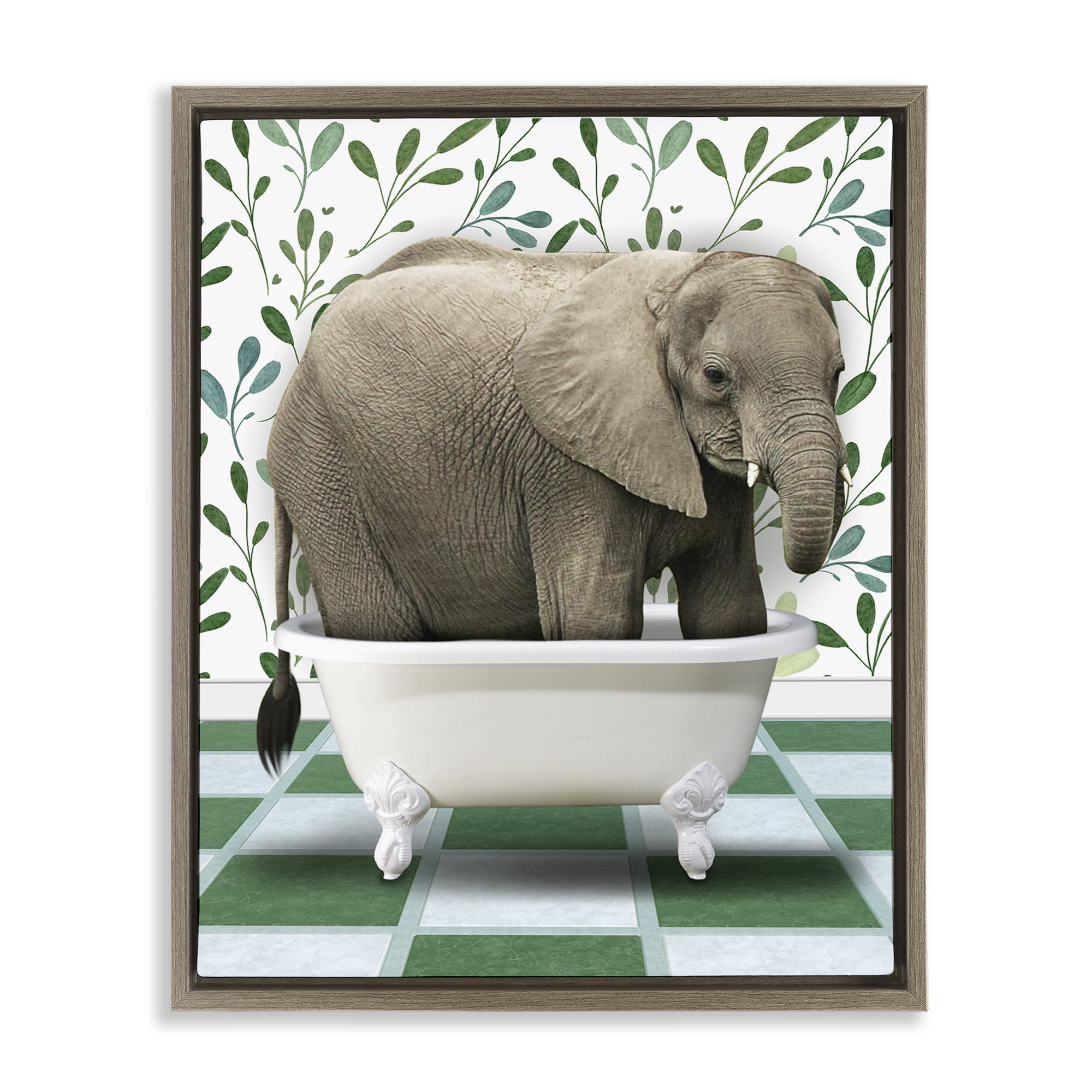 Stupell Industries Bathing Elephant on Green Bath & Laundry Painting Brown Floater Framed Canvas Art Print Wall Art, 17 x 21