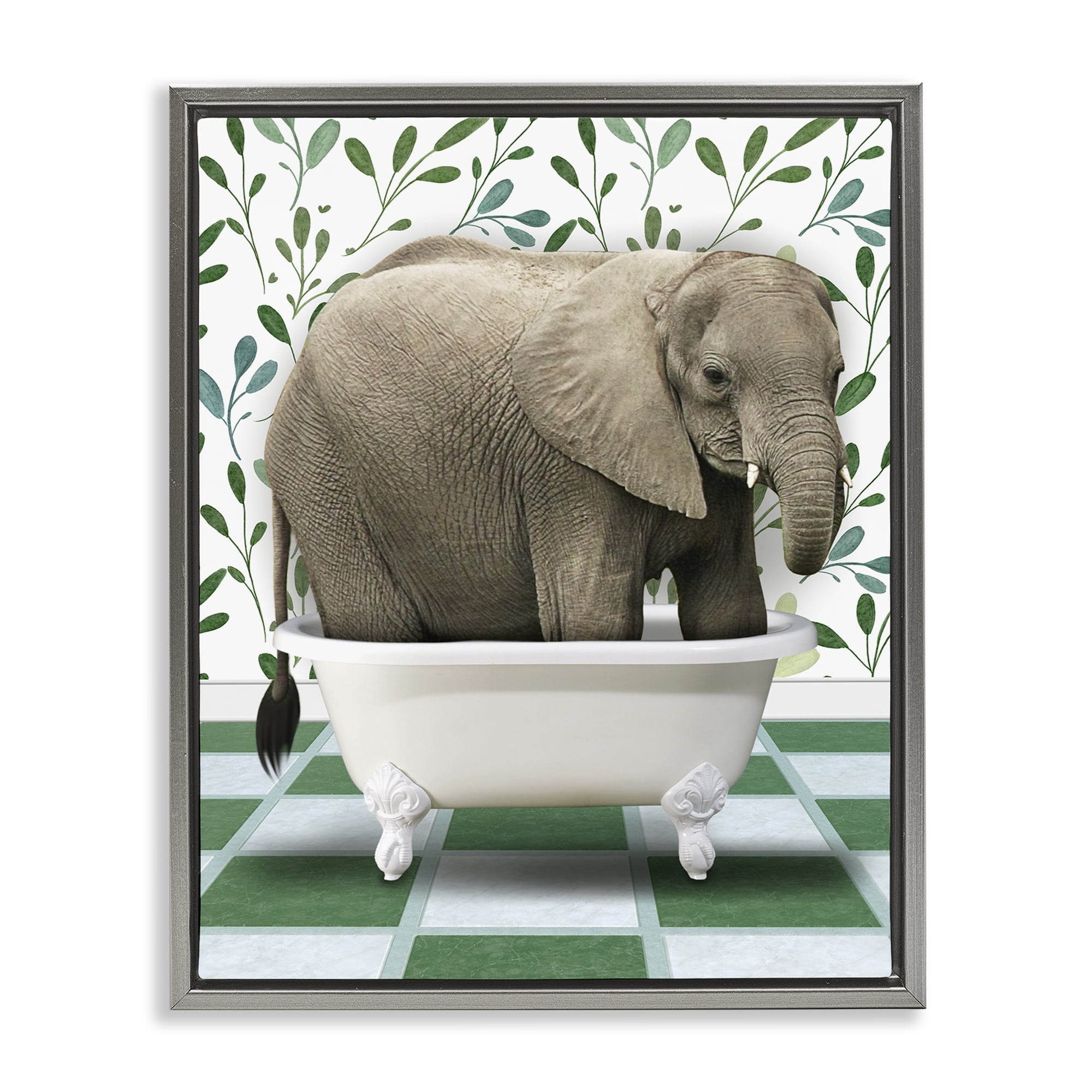 Stupell Industries Bathing Elephant on Green Bath & Laundry Painting Gray Floater Framed Canvas Art Print Wall Art, 17 x 21