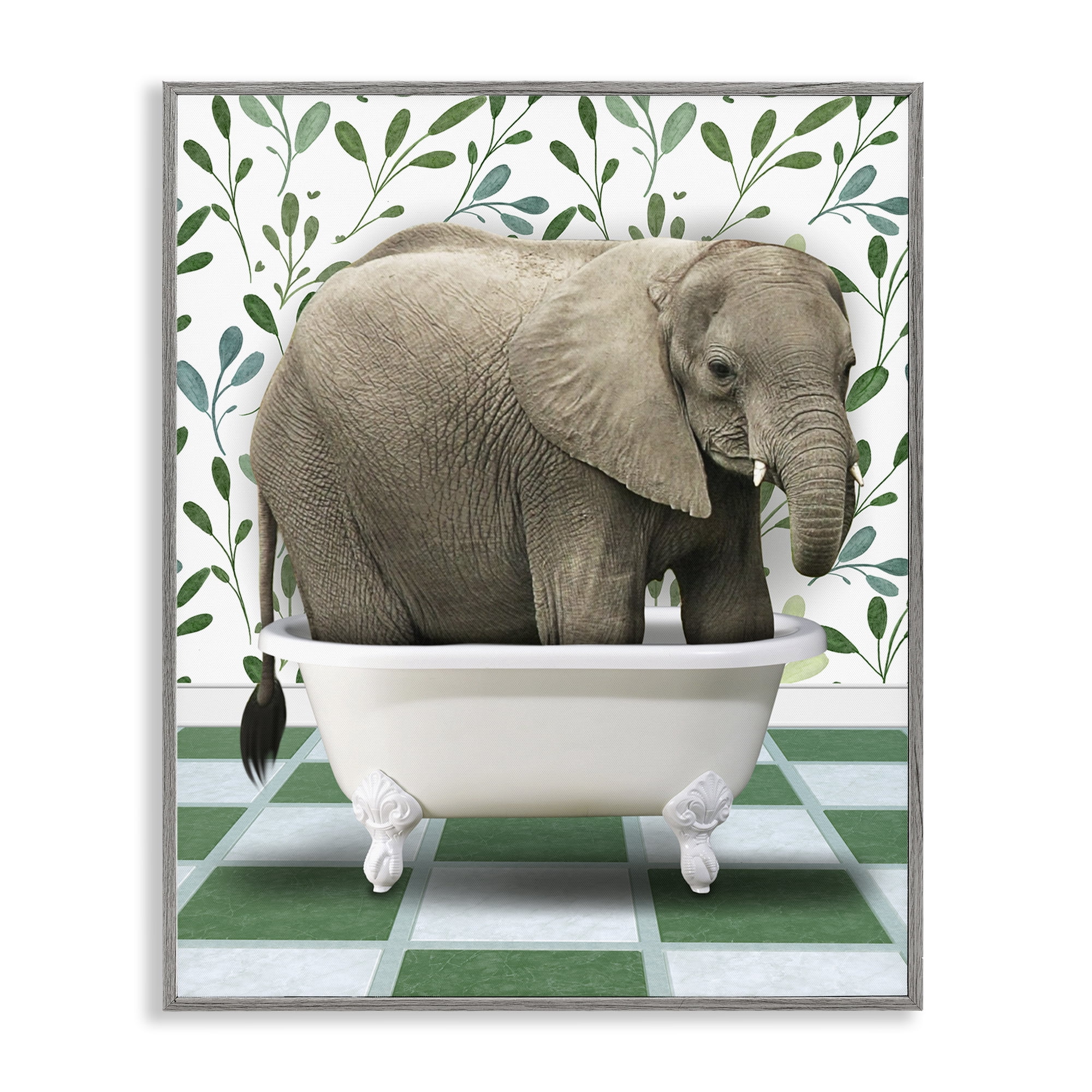 Stupell Industries Bathing Elephant on Green Bath & Laundry Painting ...
