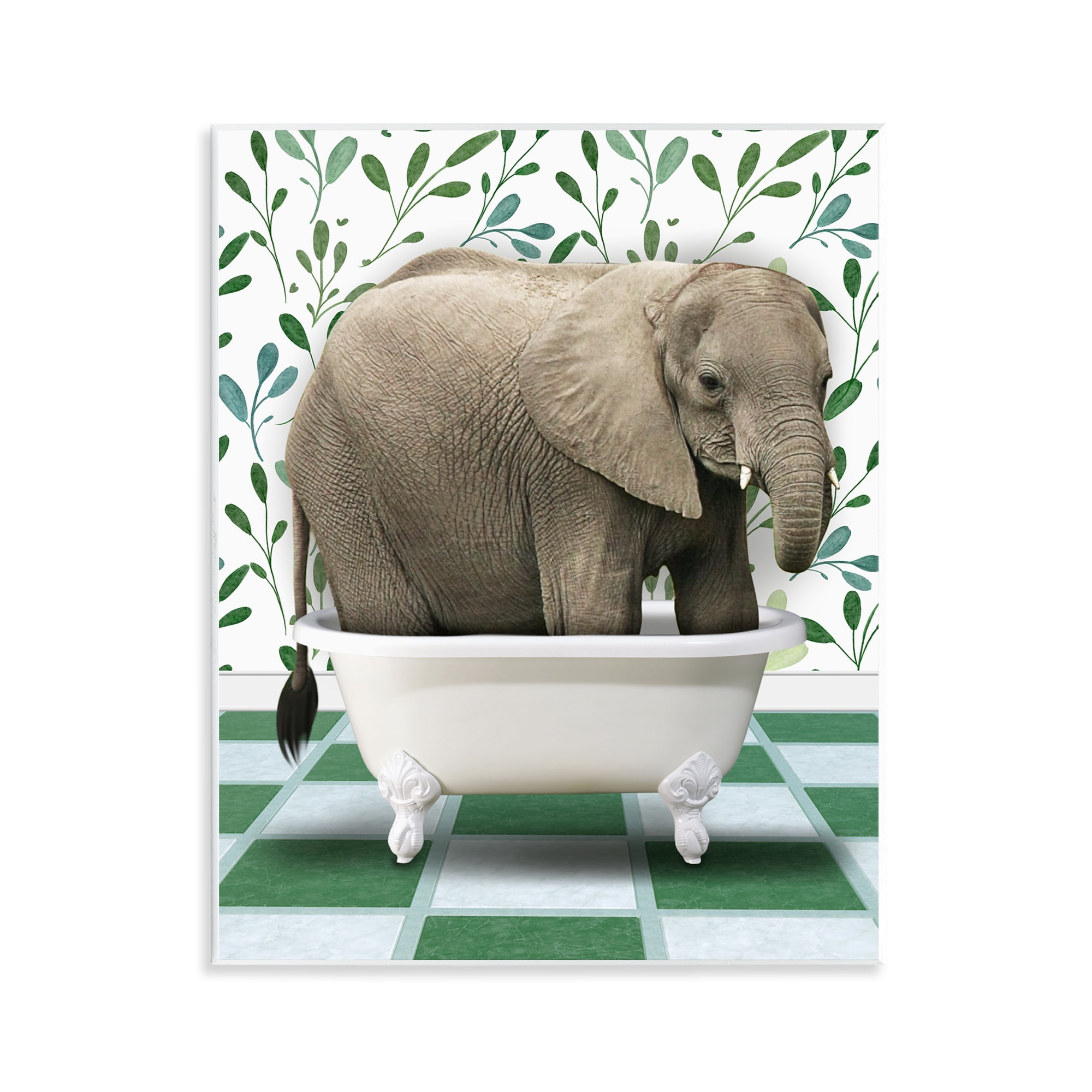 Stupell Industries Bathing Elephant on Green Bath & Laundry Painting Unframed Art Print Wall Art, 11 x 14
