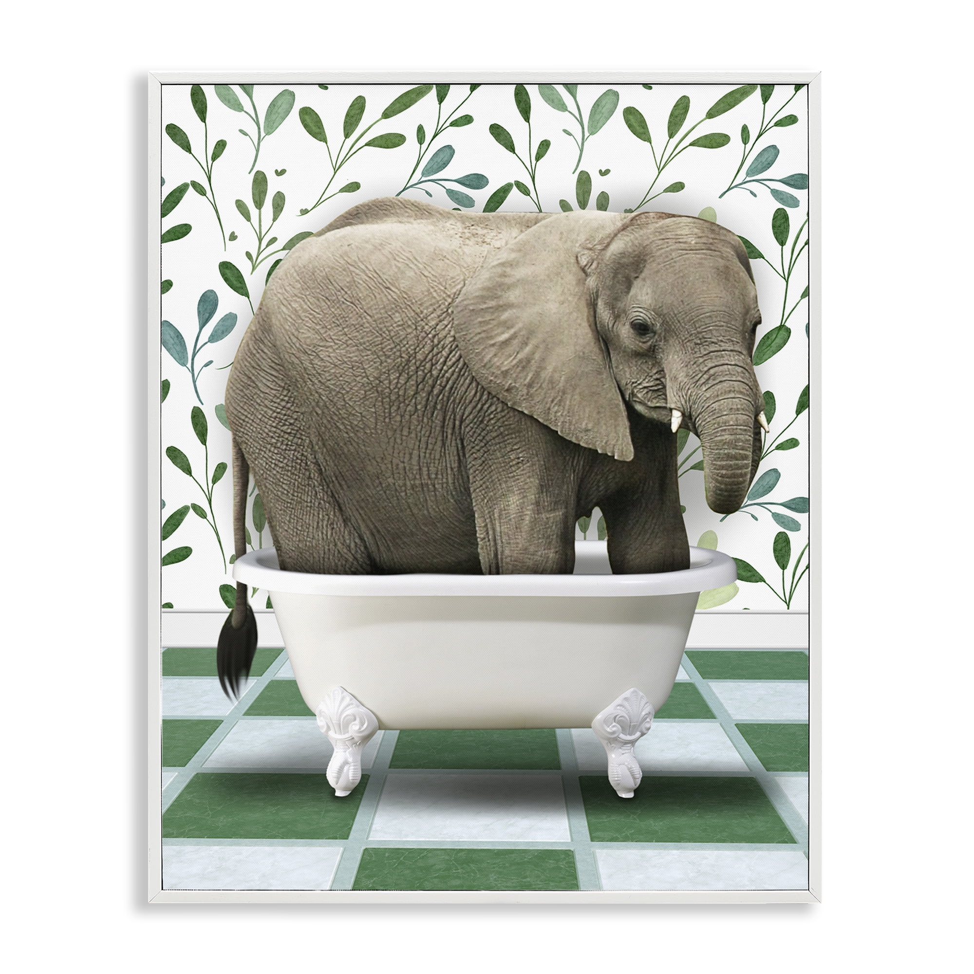 Stupell Industries Bathing Elephant on Green Bath & Laundry Painting White Framed Art Print Wall Art, 11 x 14