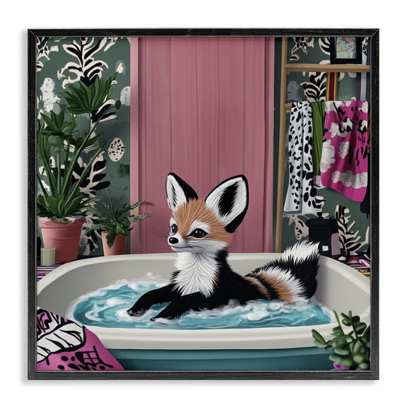 Stupell Industries Bathing Fox in Tropical Bathroom Animals Painting Black Framed Art Print Wall Art, 12 x 12