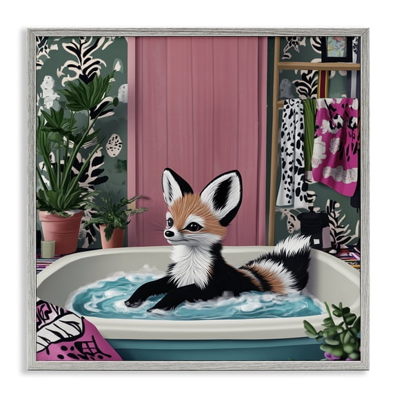 Stupell Industries Bathing Fox in Tropical Bathroom Animals Painting Gray Framed Art Print Wall Art, 12 x 12