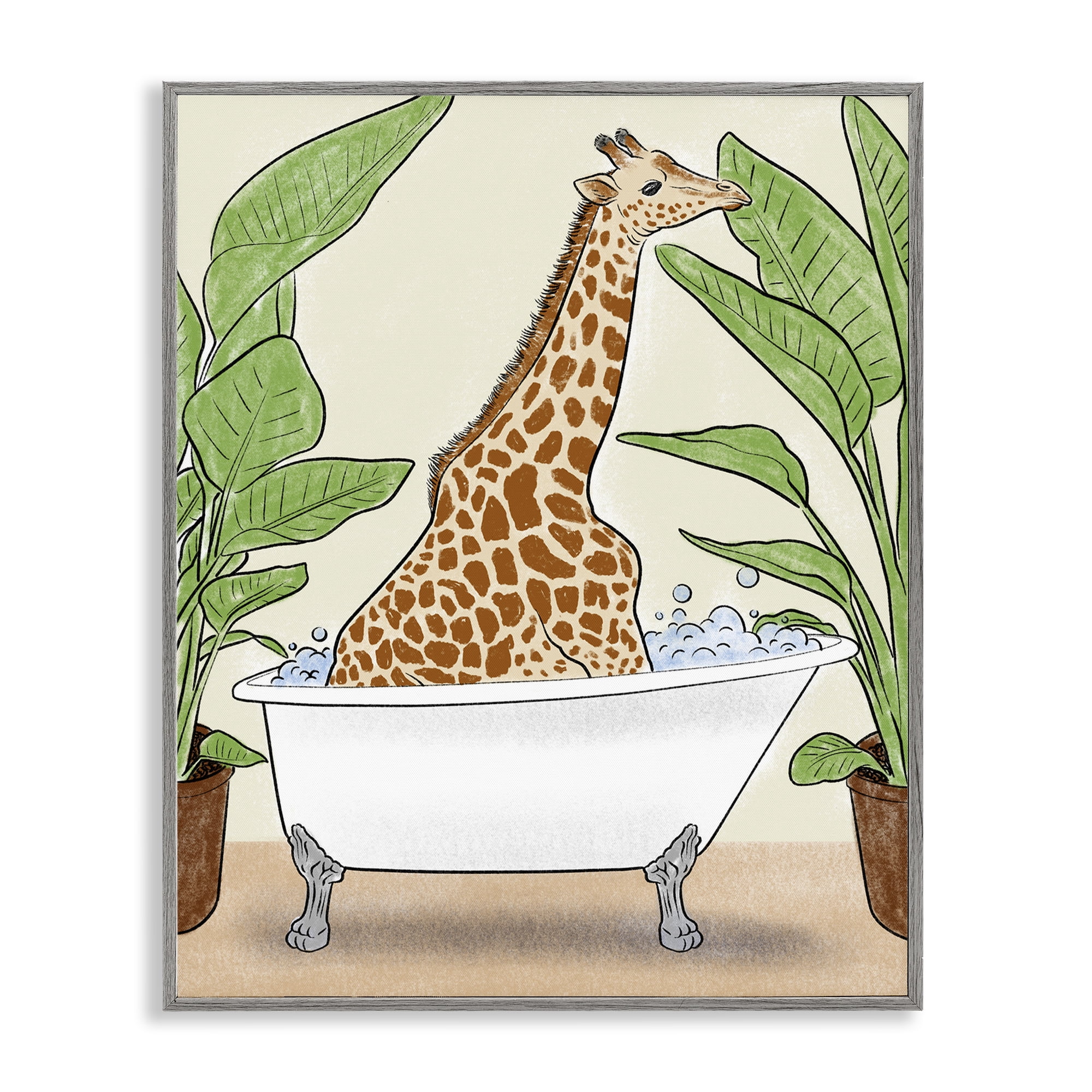 Stupell Industries Bathing Giraffe & Plants Gray Framed Giclee Art, design by Marcus Prime