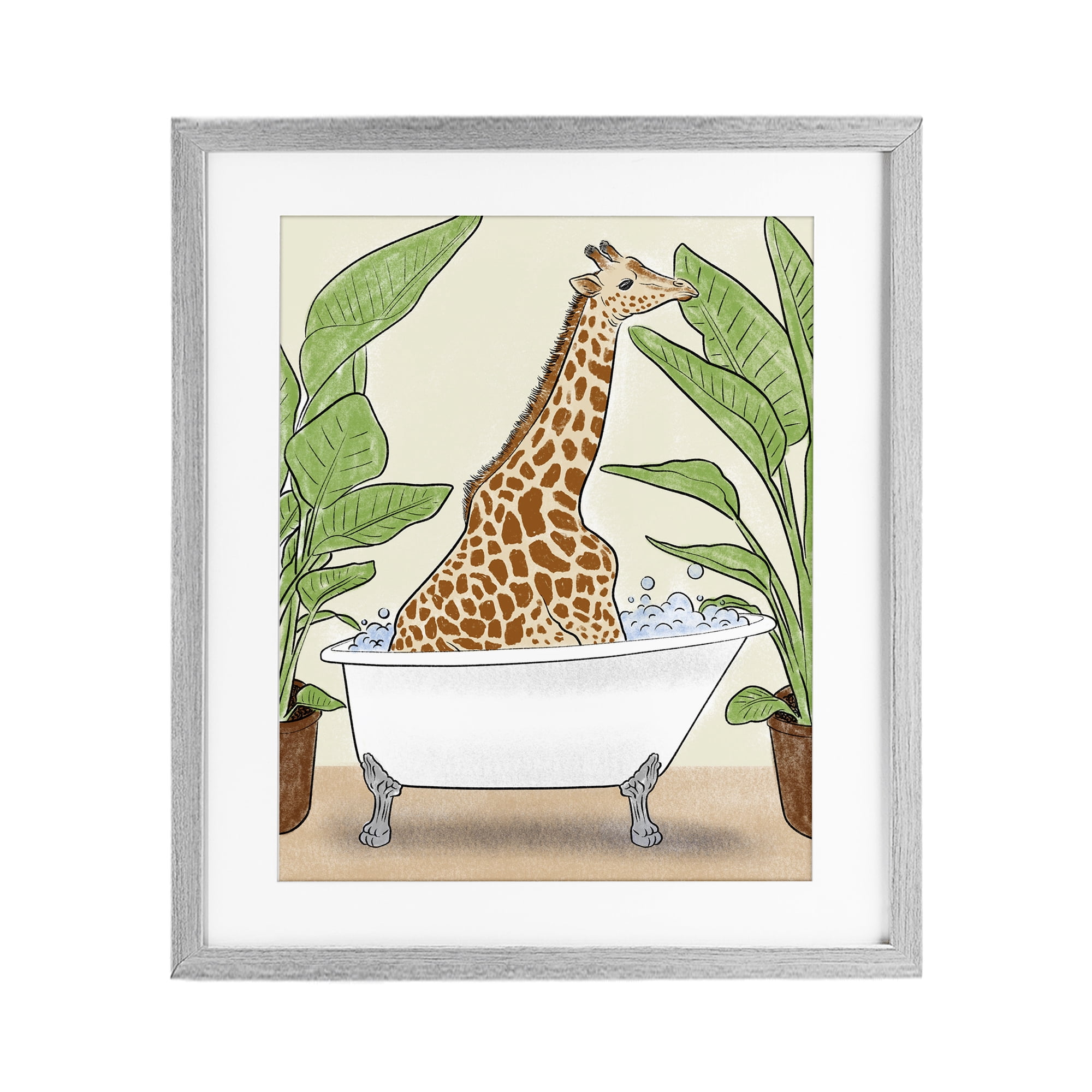 Stupell Industries Bathing Giraffe & Plants Gray Framed Print Under Glass, design by Marcus Prime
