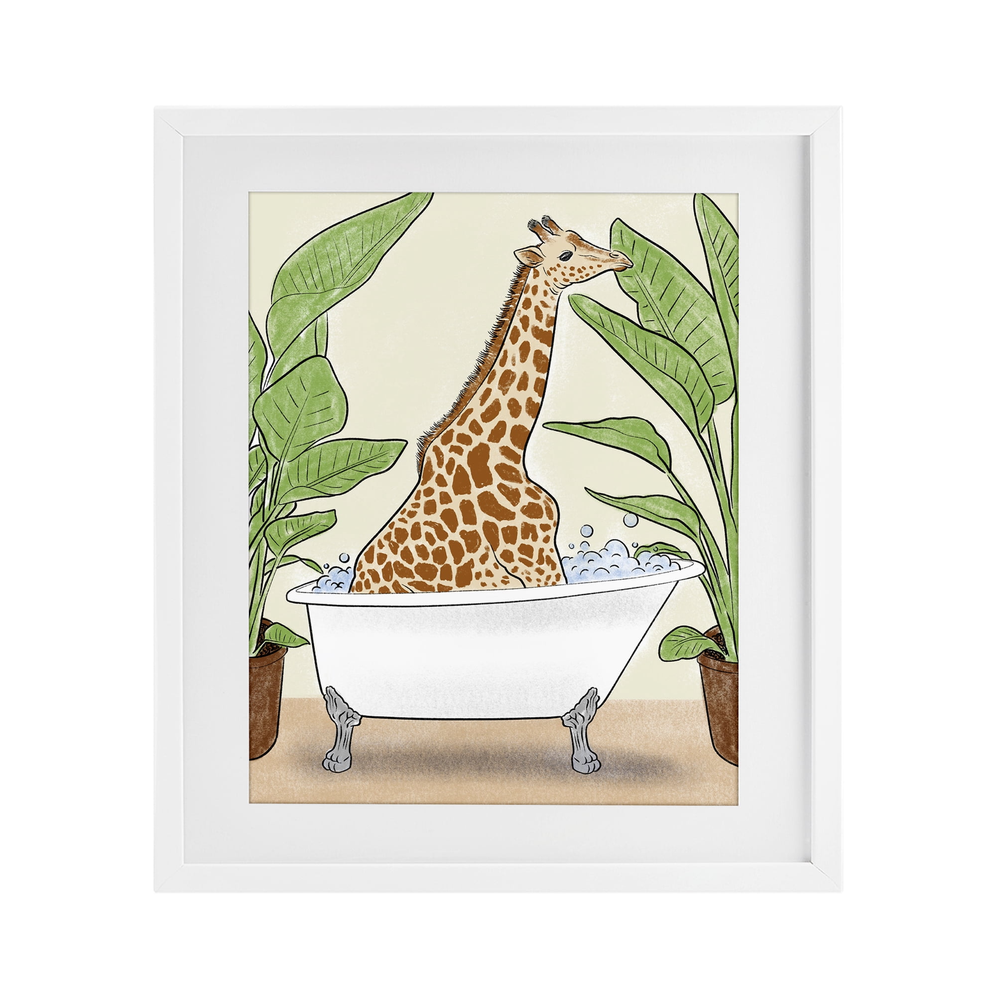 Stupell Industries Bathing Giraffe & Plants White Framed Print Under Glass, design by Marcus Prime