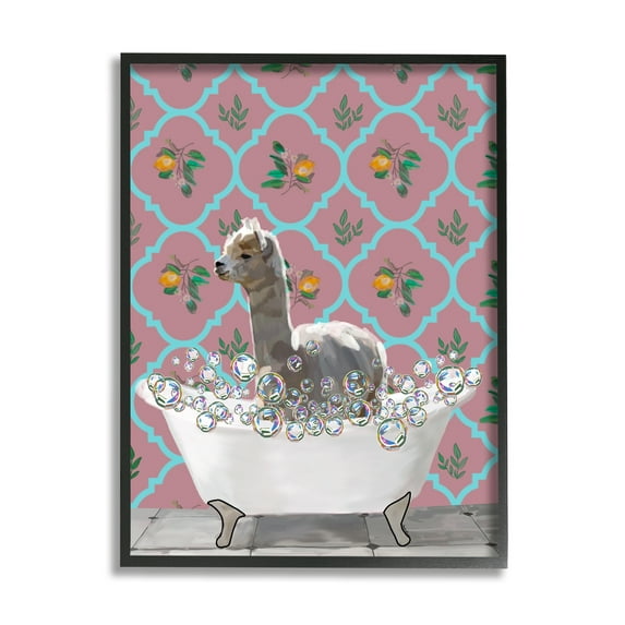 Stupell Industries Bathing Llama in Bathroom Animals & Insects Painting Black Framed Art Print Wall Art, 24 x 30