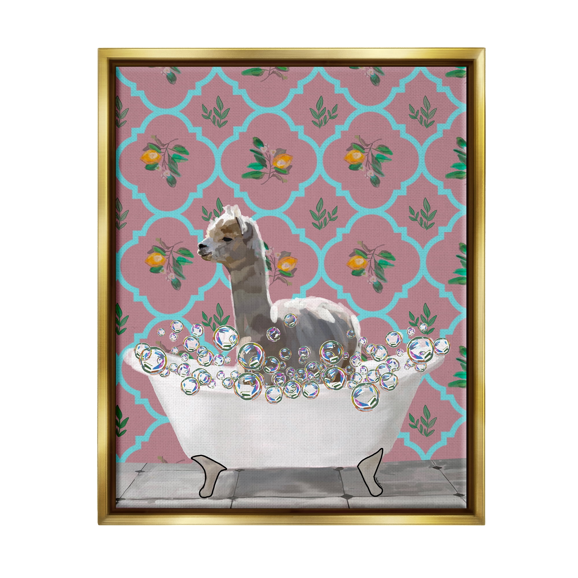 Stupell Industries Bathing Llama in Bathroom Animals & Insects Painting Gold Floater Framed Art Print Wall Art, 17 x 21