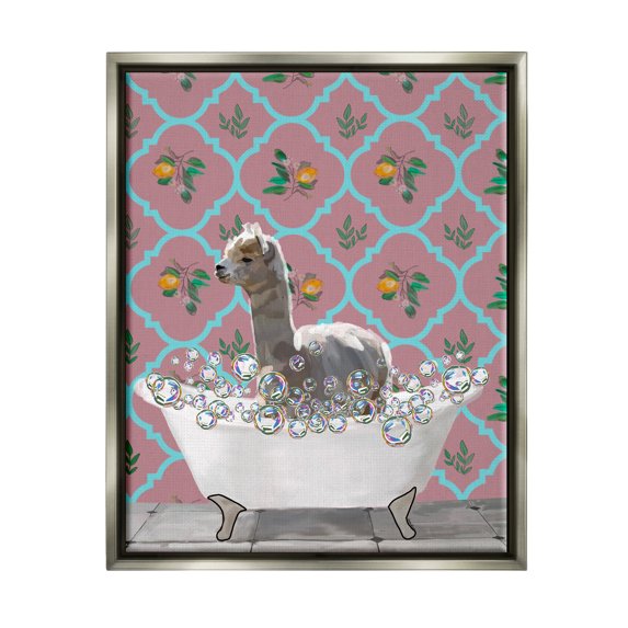 Stupell Industries Bathing Llama in Bathroom Animals & Insects Painting Gray Floater Framed Art Print Wall Art, 17 x 21