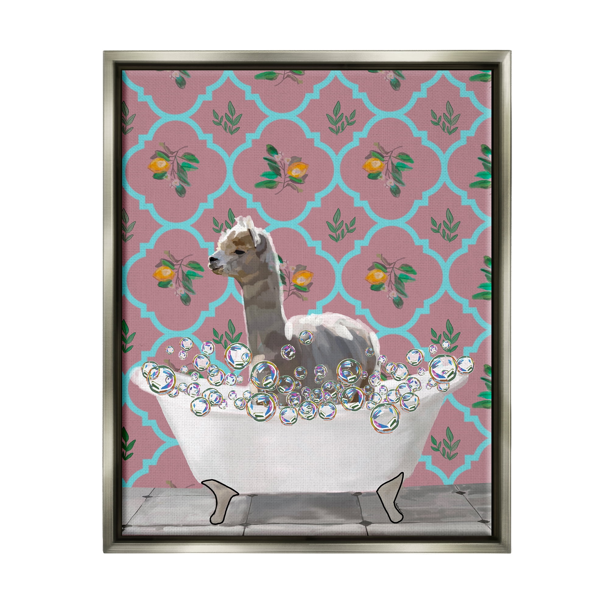 Stupell Industries Bathing Llama in Bathroom Animals & Insects Painting Gray Floater Framed Art Print Wall Art, 25 x 31