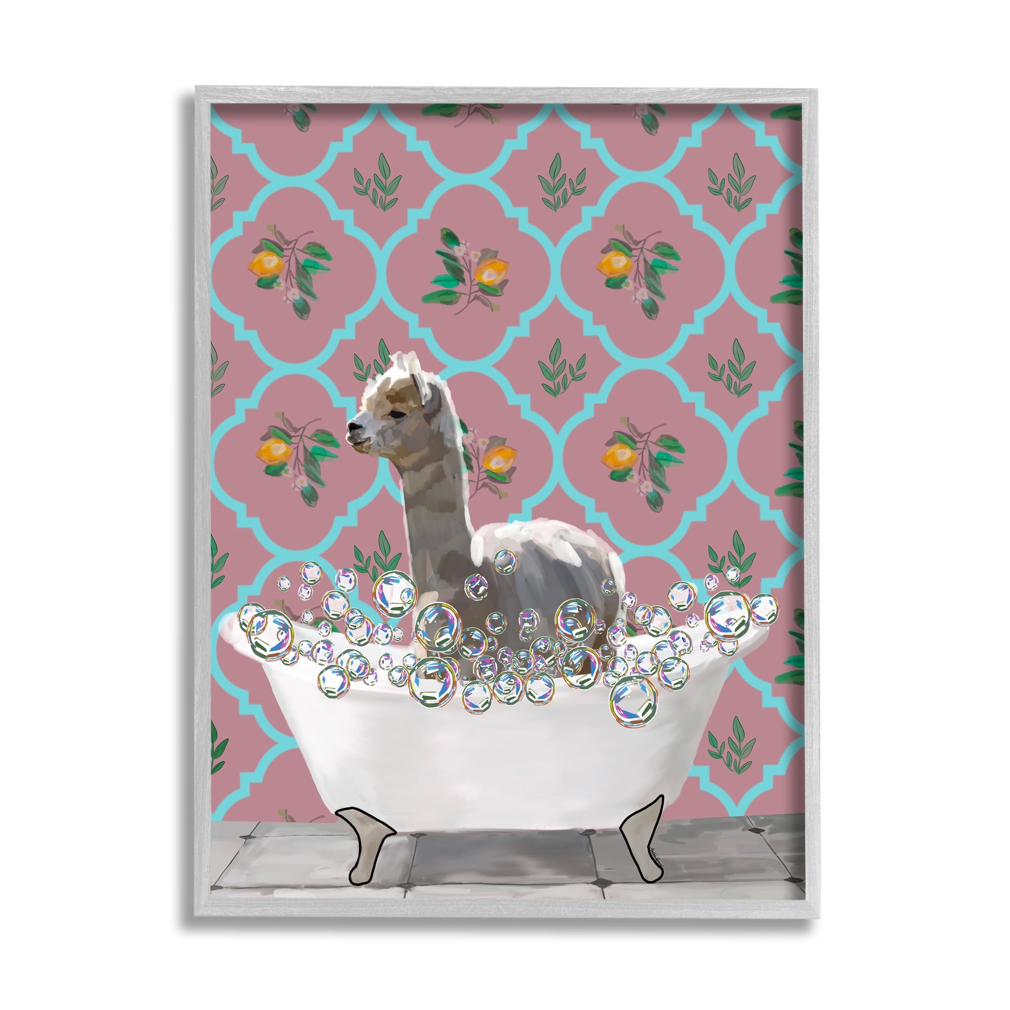 Stupell Industries Bathing Llama in Bathroom Animals & Insects Painting Gray Framed Art Print Wall Art, 16 x 20