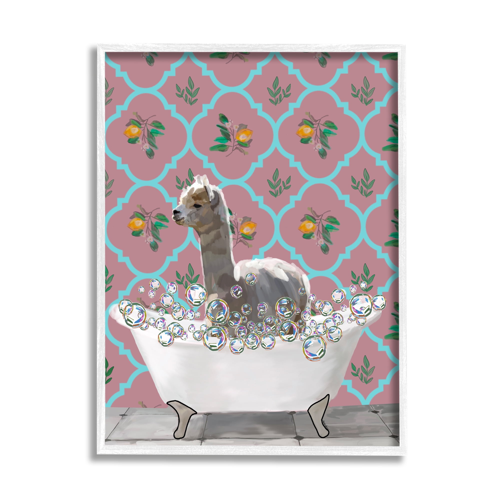 Stupell Industries Bathing Llama in Bathroom Animals & Insects Painting White Framed Art Print Wall Art, 24 x 30