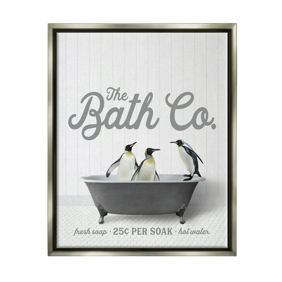 Stupell Industries Bathing Penguins in Tub Animals & Insects Painting Gray Floater Framed Art Print Wall Art, 25 x 31